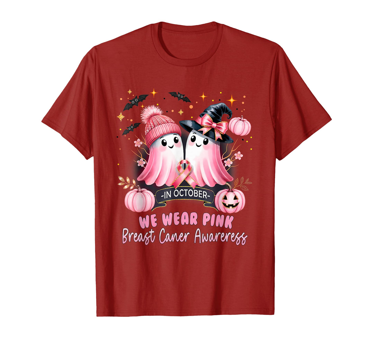 in October We Wear Pink Ghost Witch Breast Cancer Awareness T-Shirt