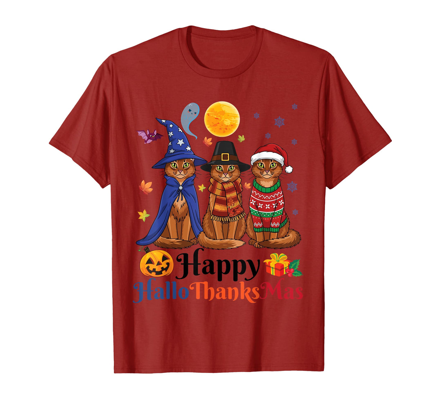 HalloThanksMas Somali Cats Halloween Thanksgiving Christmas T-Shirt
