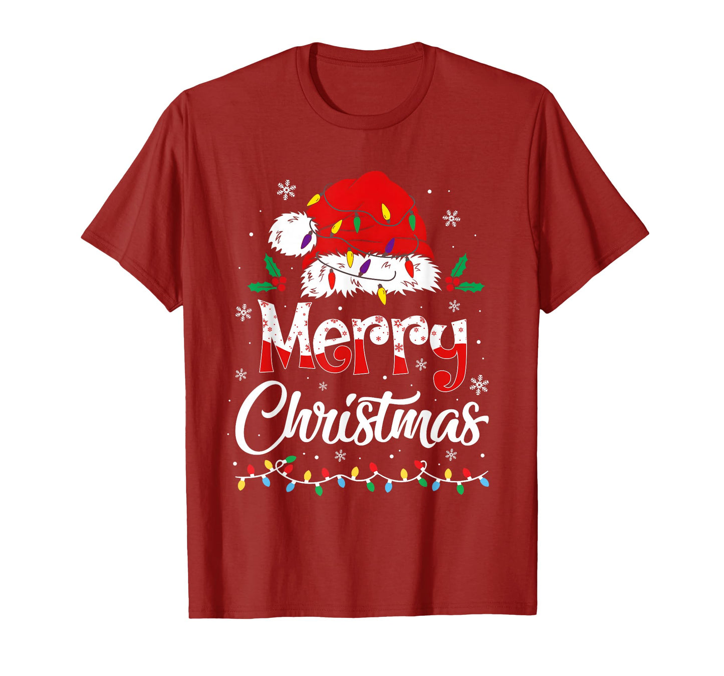 Merry Christmas Lights Red Santa Hat Xmas Family Men Women T-Shirt