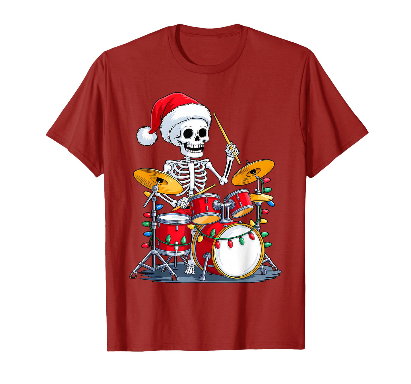 Santa Skeleton Playing Drum Percussionist Drummer Christmas T-Shirt