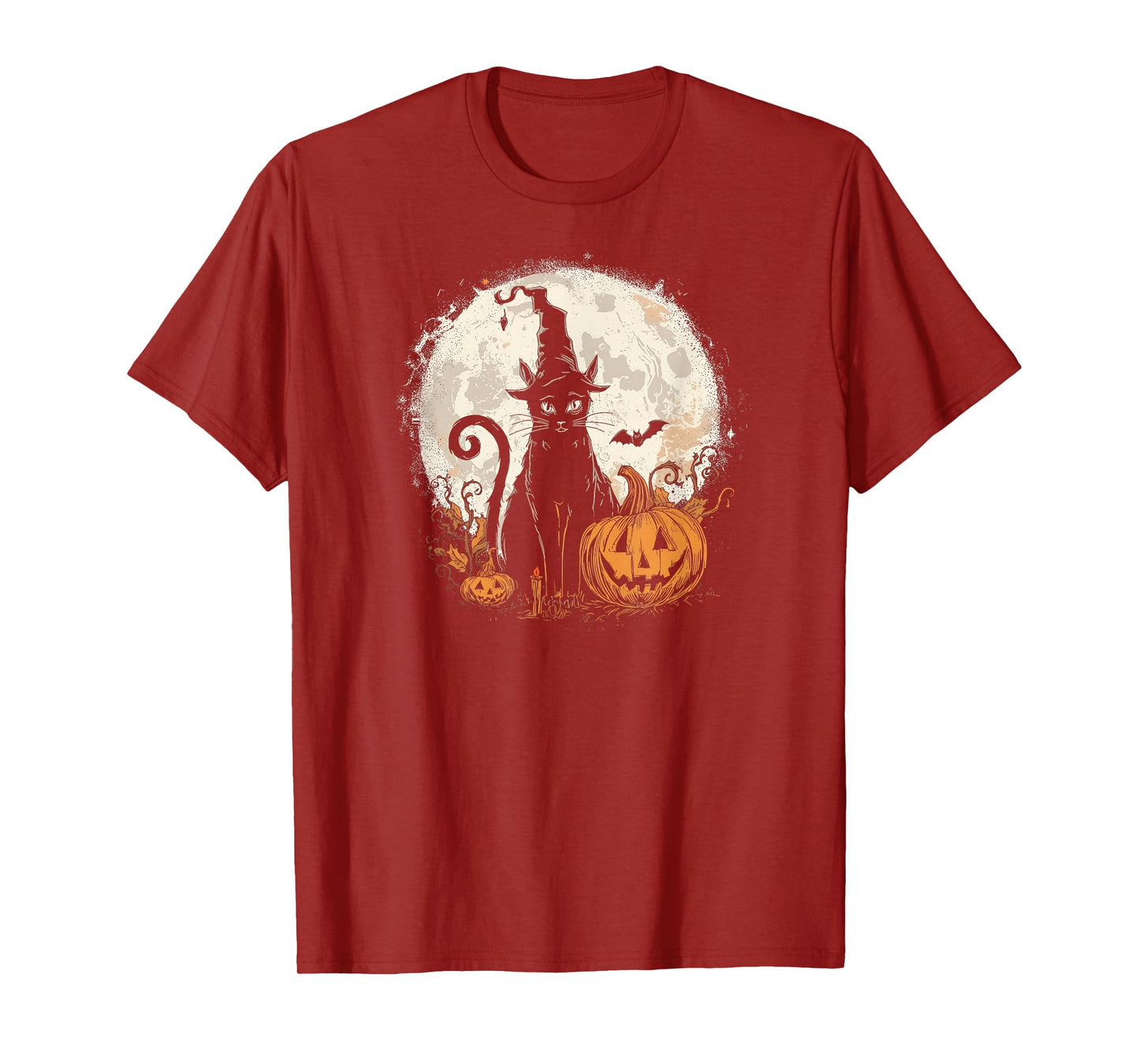 Spooky Cat, in a Witch hat, Carved Pumpkin and Full Moon T-Shirt