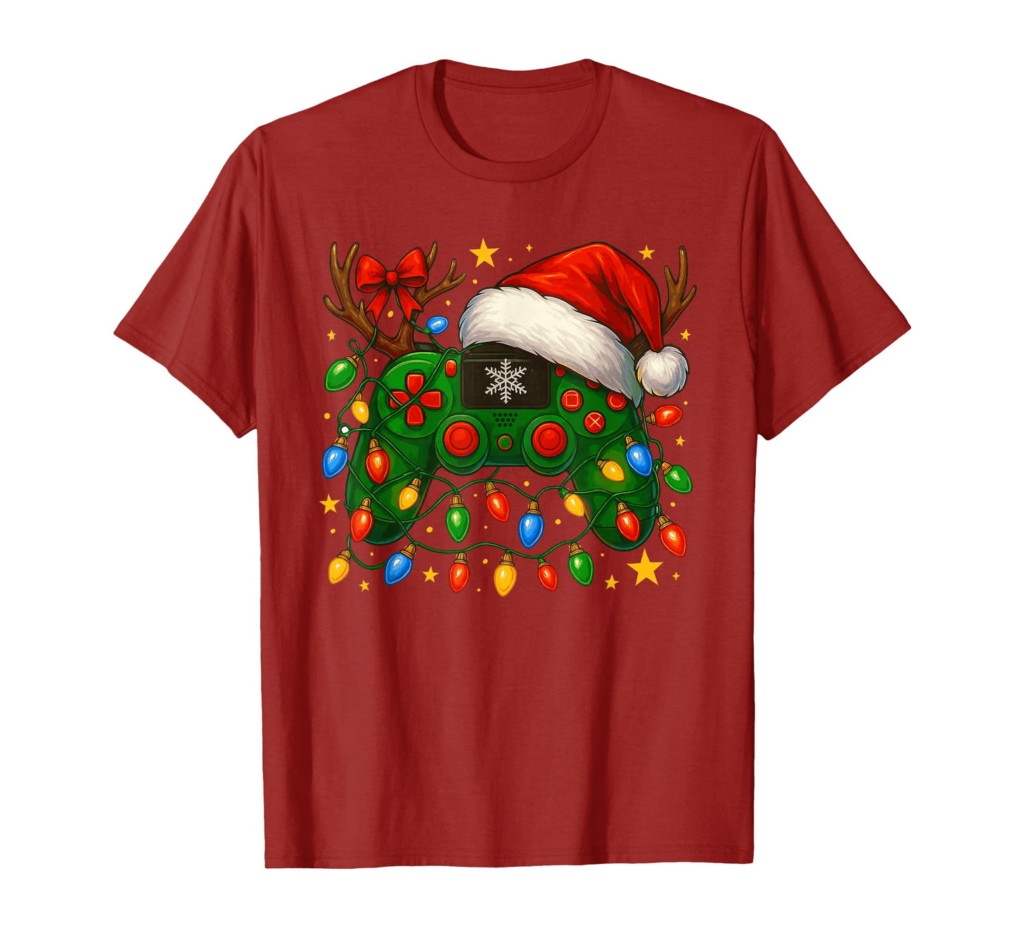Video Game Controller Christmas Lights Santa Hat Reindeer T-Shirt