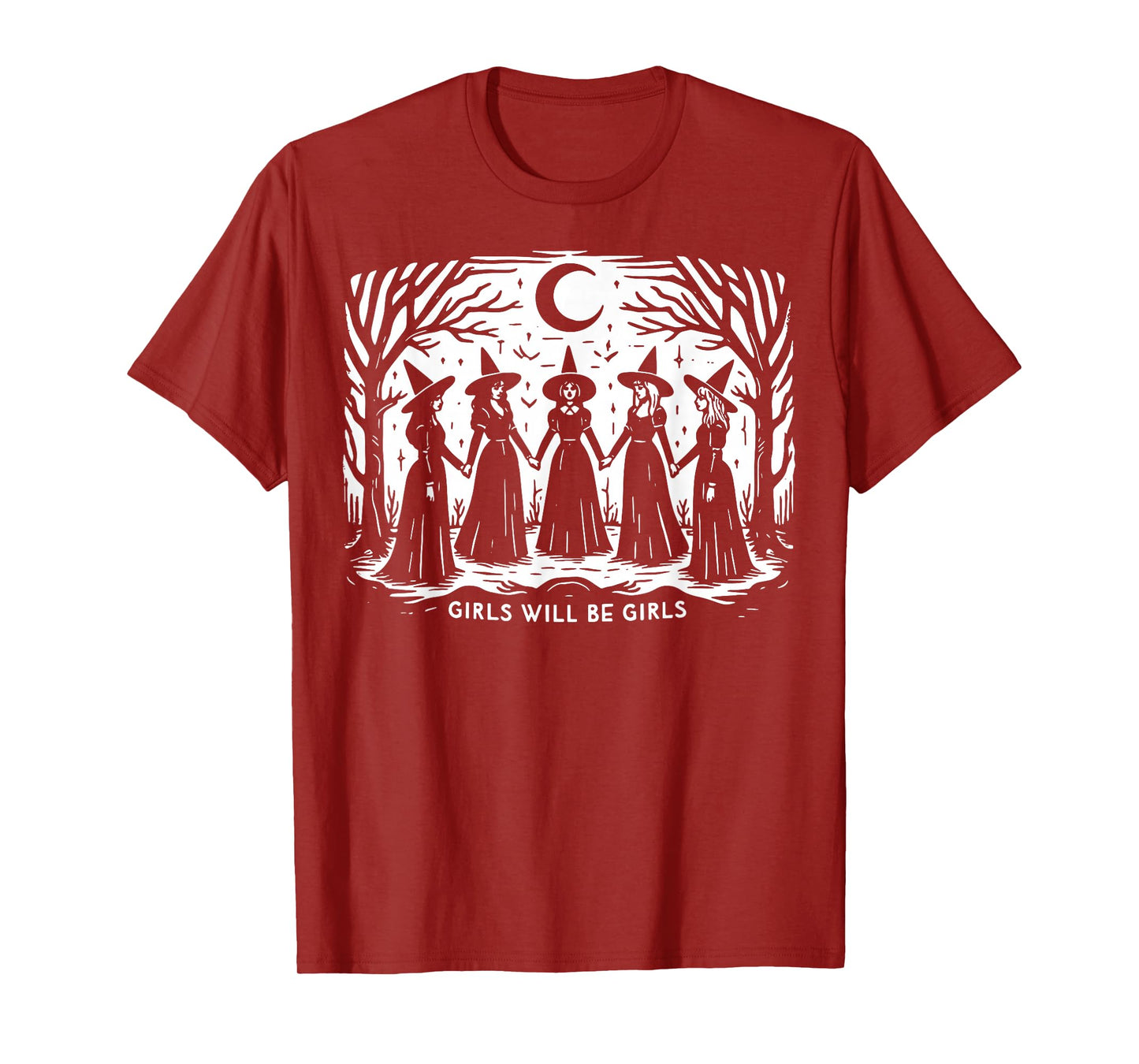 Vintage Witchy Girls Holding Hands Under Moonlight Spooky T-Shirt