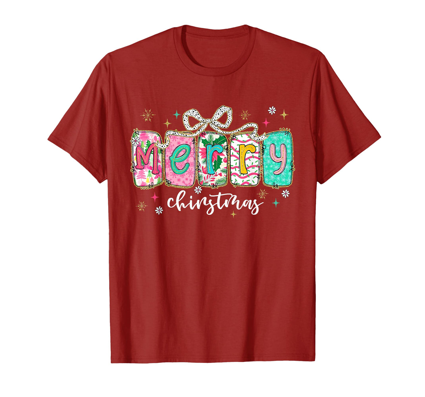 Colorful Preppy Merry Christmas Funny Coquette Bow Girly T-Shirt