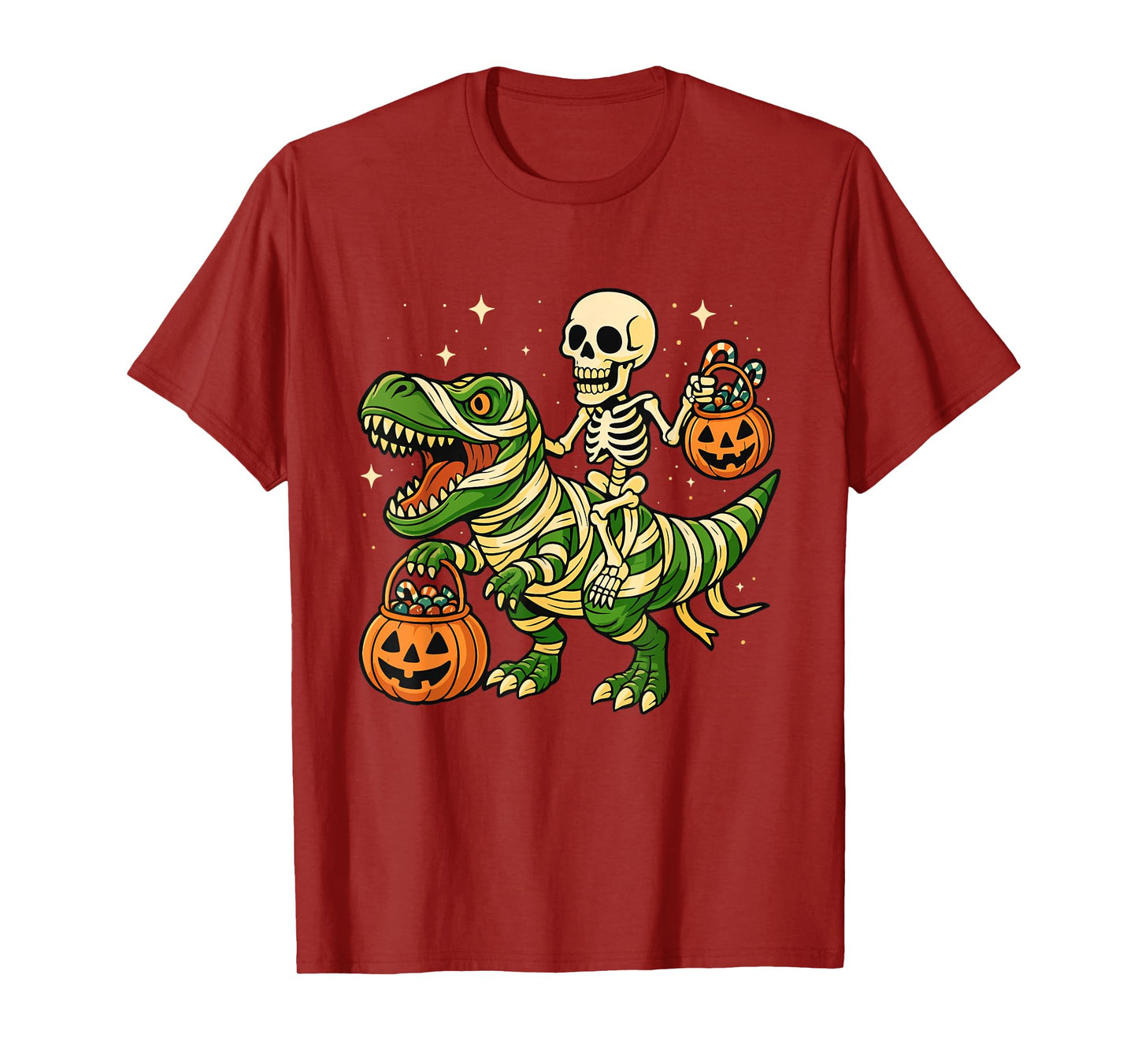 Skeleton Riding T-Rex - Spooky Halloween Jack O'Lantern T-Shirt