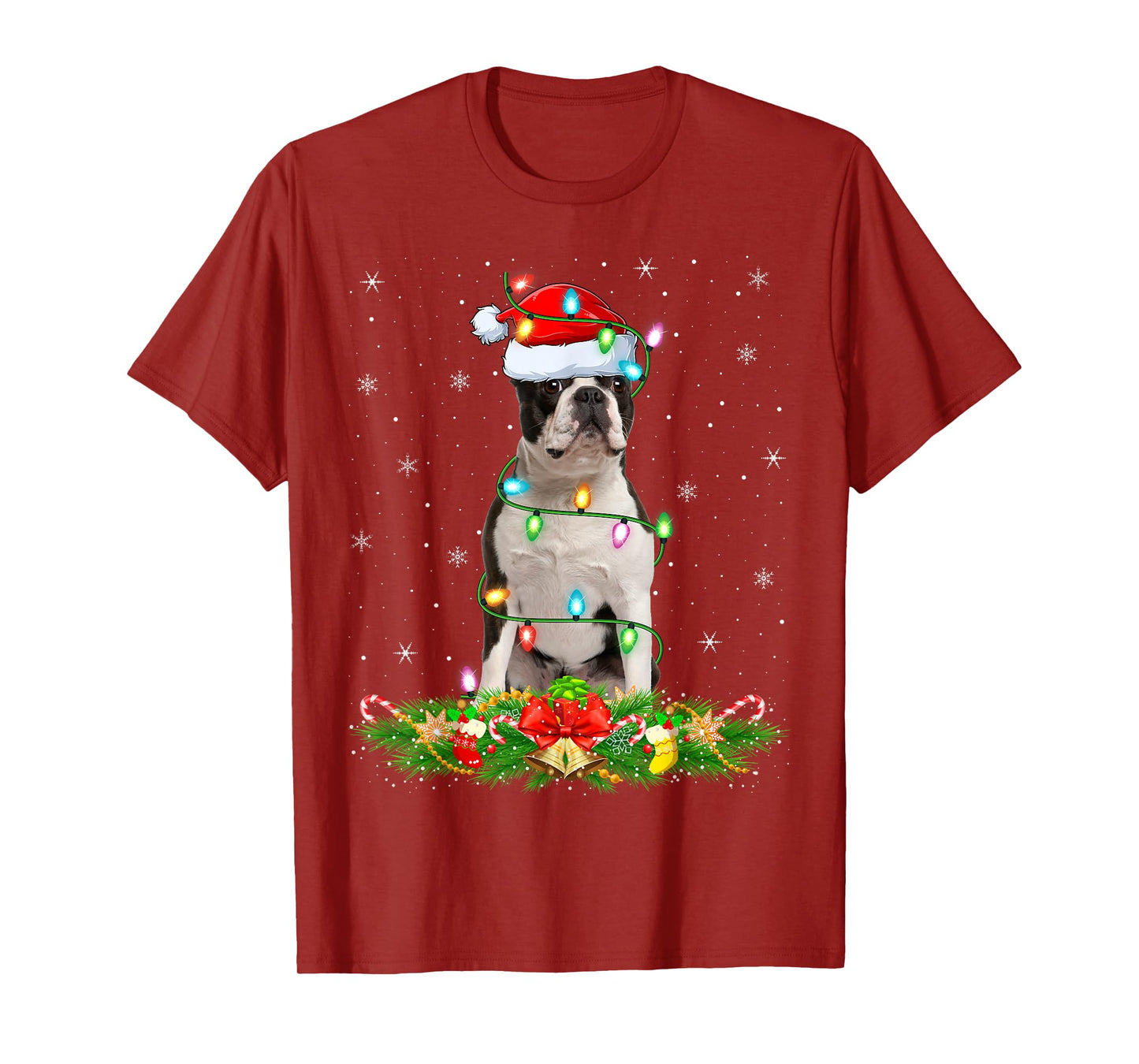 Boston Terrier Dog Christmas Lights Funny Santa Hat Xmas T-Shirt