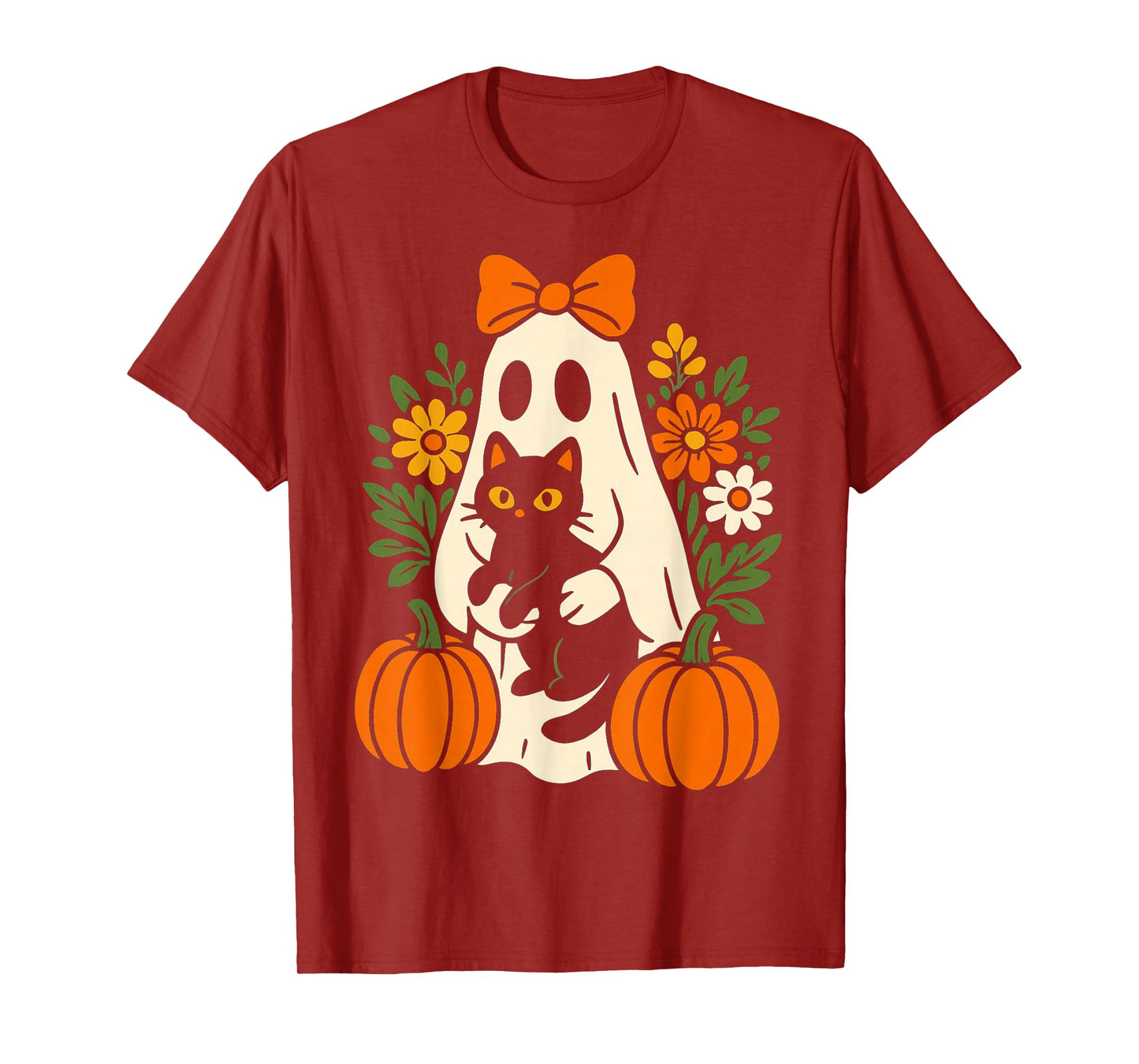 Vintage Groovy Floral Ghost Holding Black Cat Halloween T-Shirt