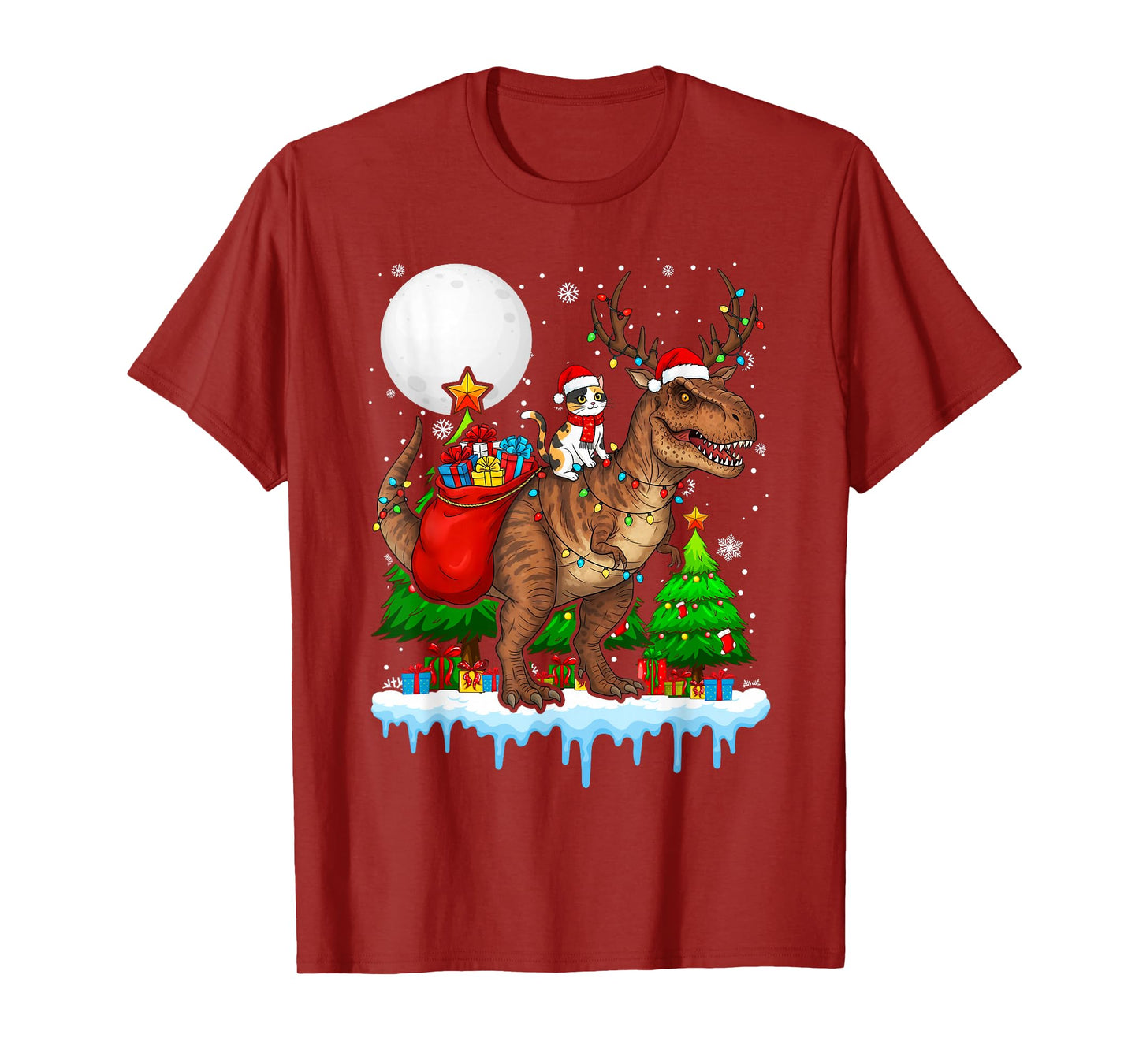 Cat Santa Hat Riding Dinosaur T rex Moon Christmas Xmas T-Shirt