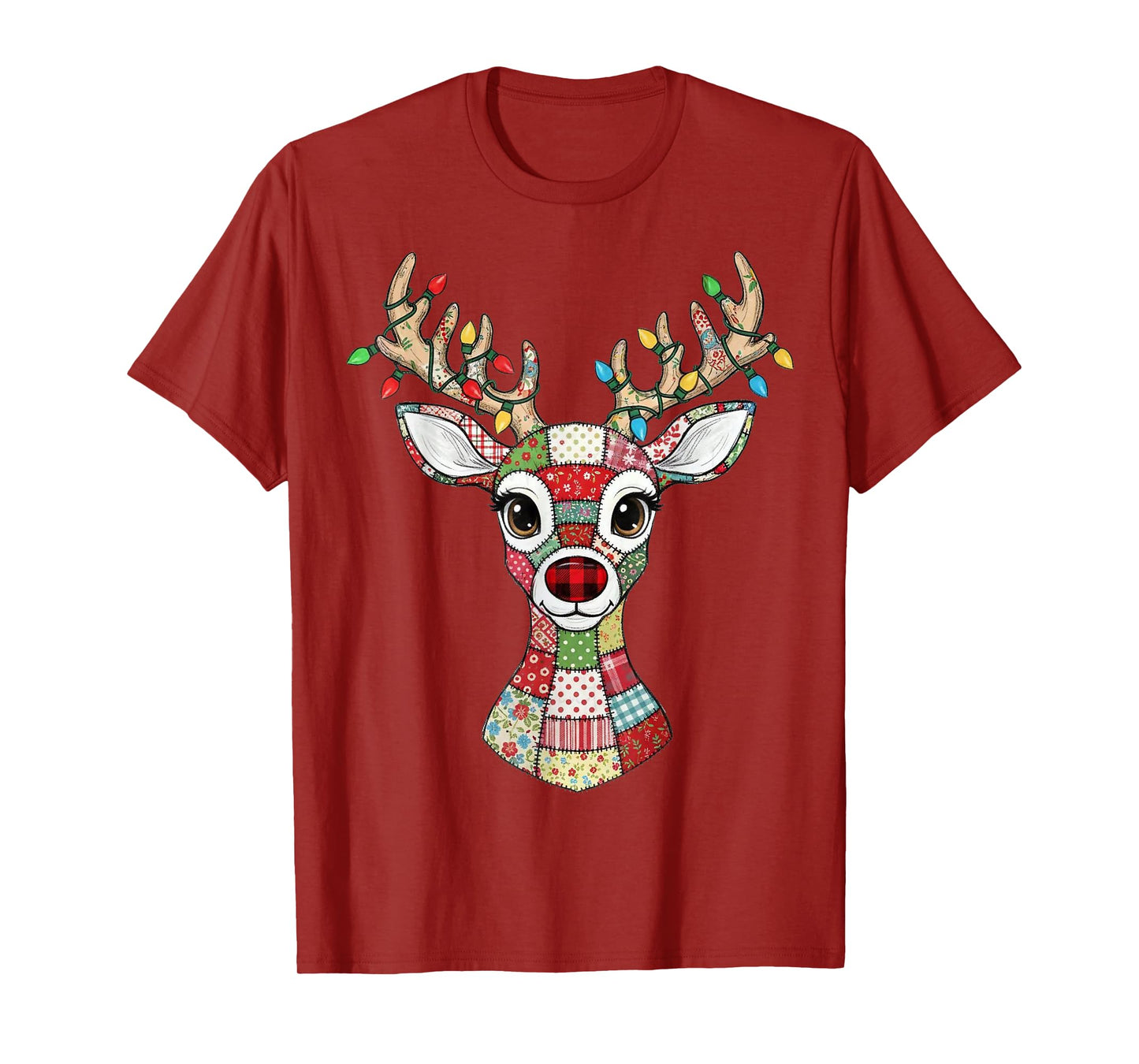 Patchwork Rudolph Christmas Deer Lights Vintage Retro T-Shirt
