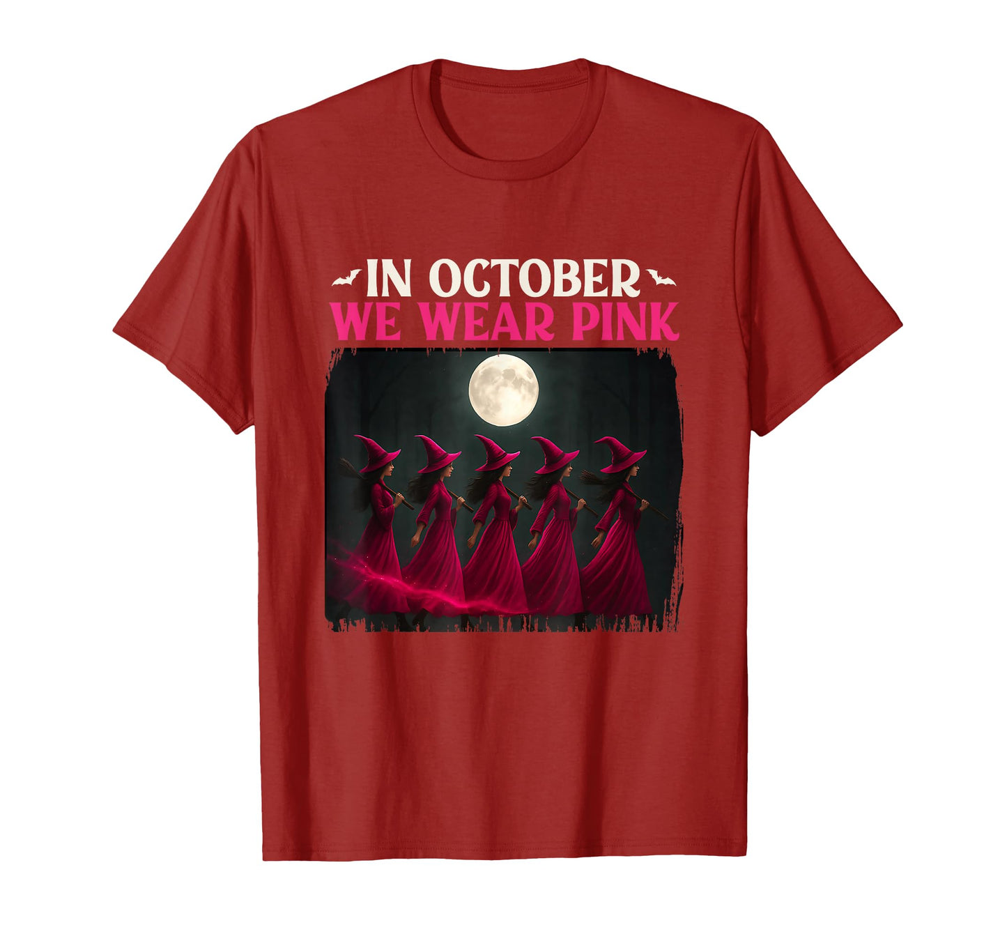 in October We Wear Pink Witch Breast Cancer Halloween Retro T-Shirt