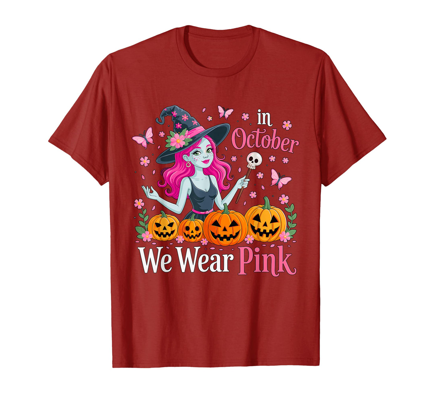 in October We Wear Pink Breast Cancer Witch Halloween T-Shirt