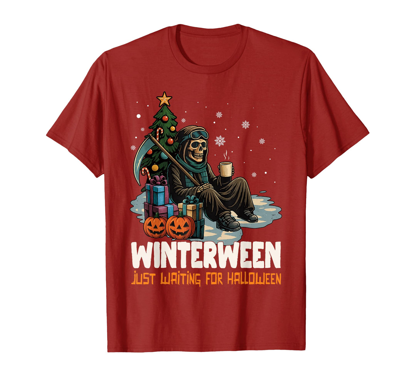 Winterween Just Waiting for Halloween Christmas Skeleton T-Shirt