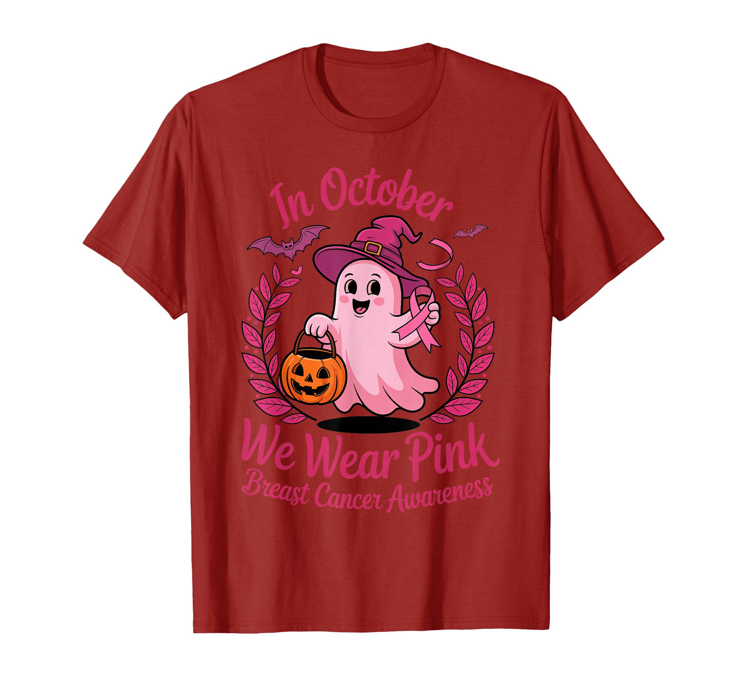 Breast Cancer Awareness Cute Ghost Witch Pink Ribbon Support T-Shirt