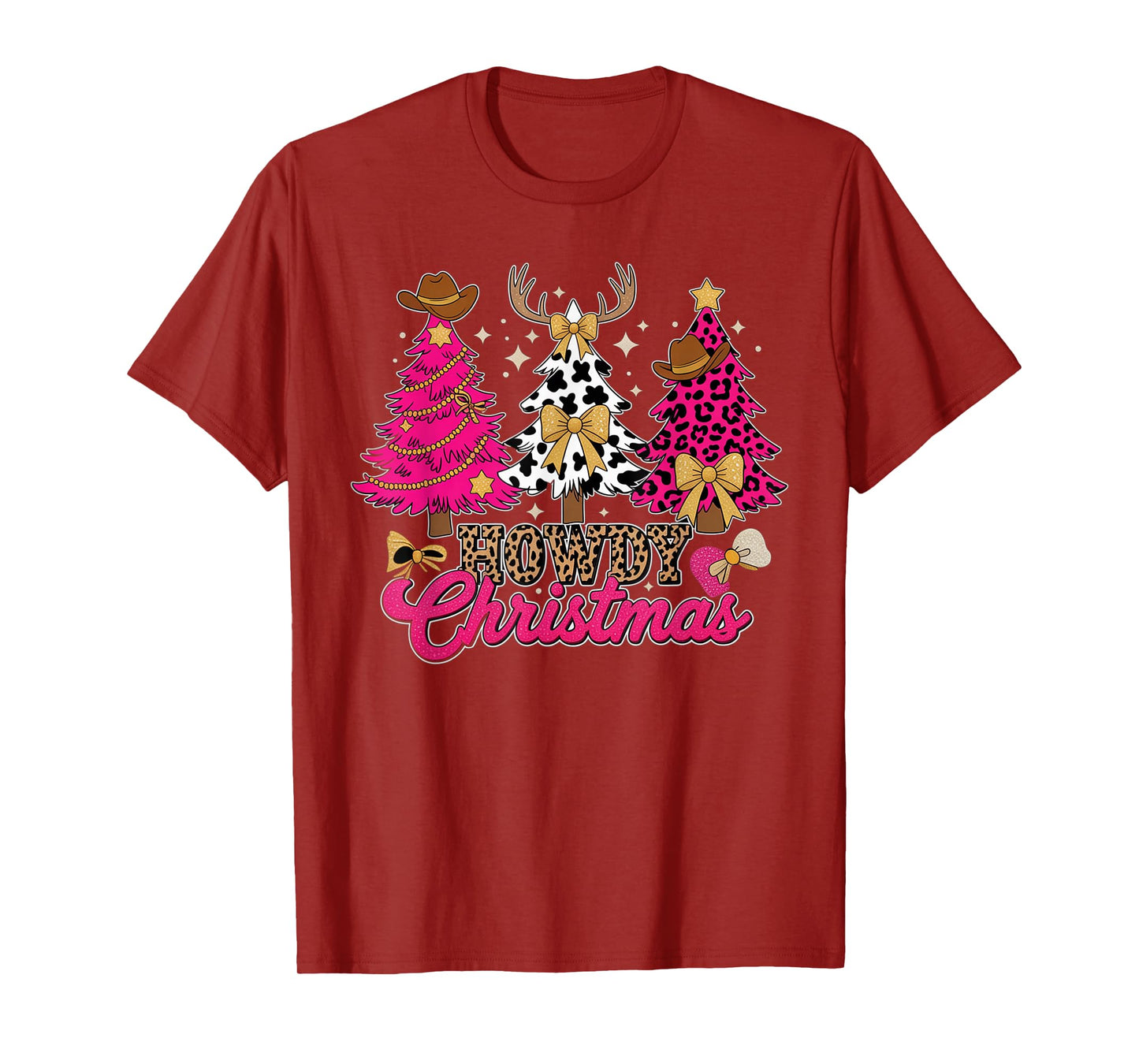 Howdy Christmas Pink Leopard Cow-Print Tree Coquette Cowgirl T-Shirt
