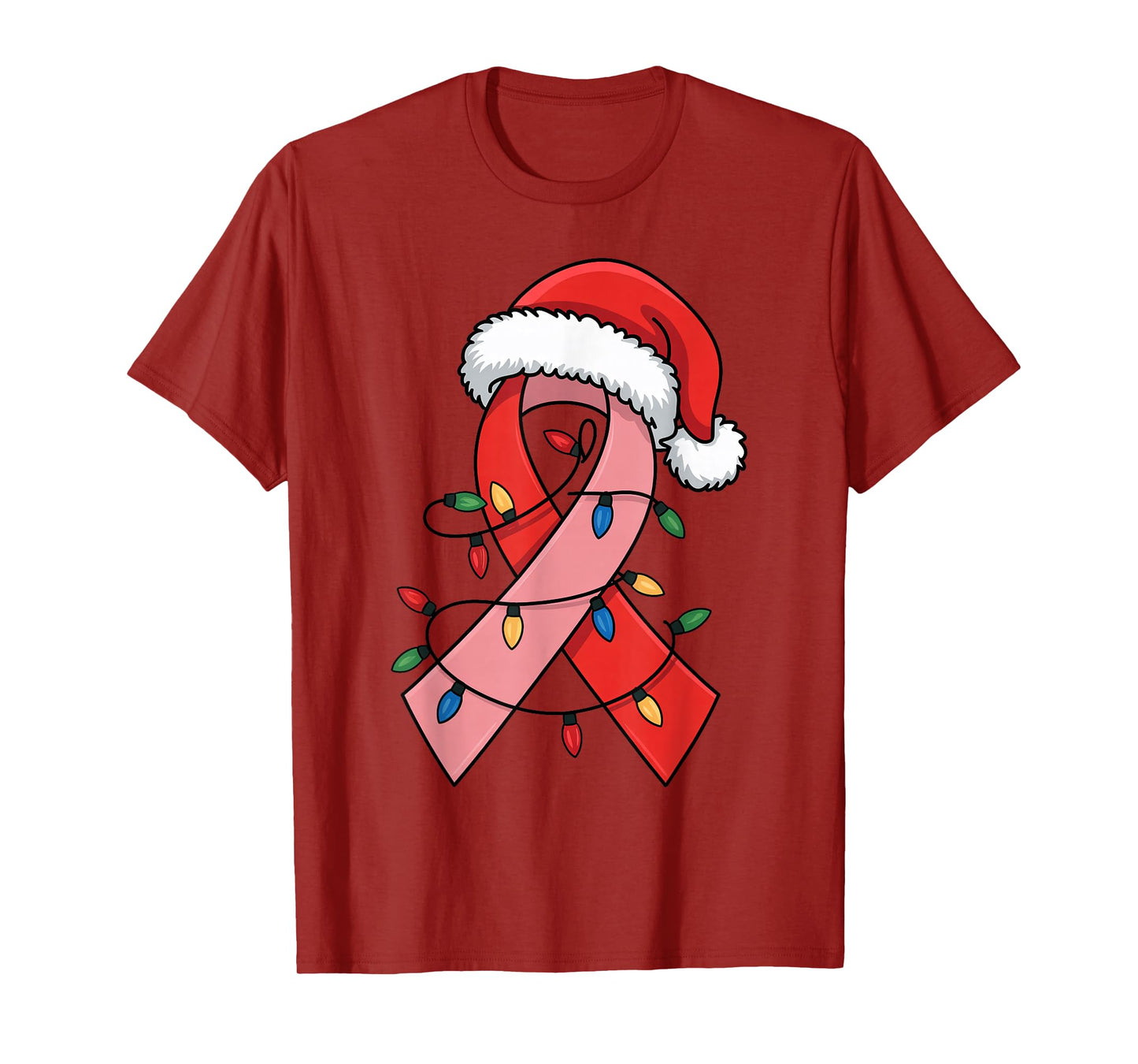 Pink Ribbon Christmas Lights Santa Hat Breast Cancer Warrior T-Shirt