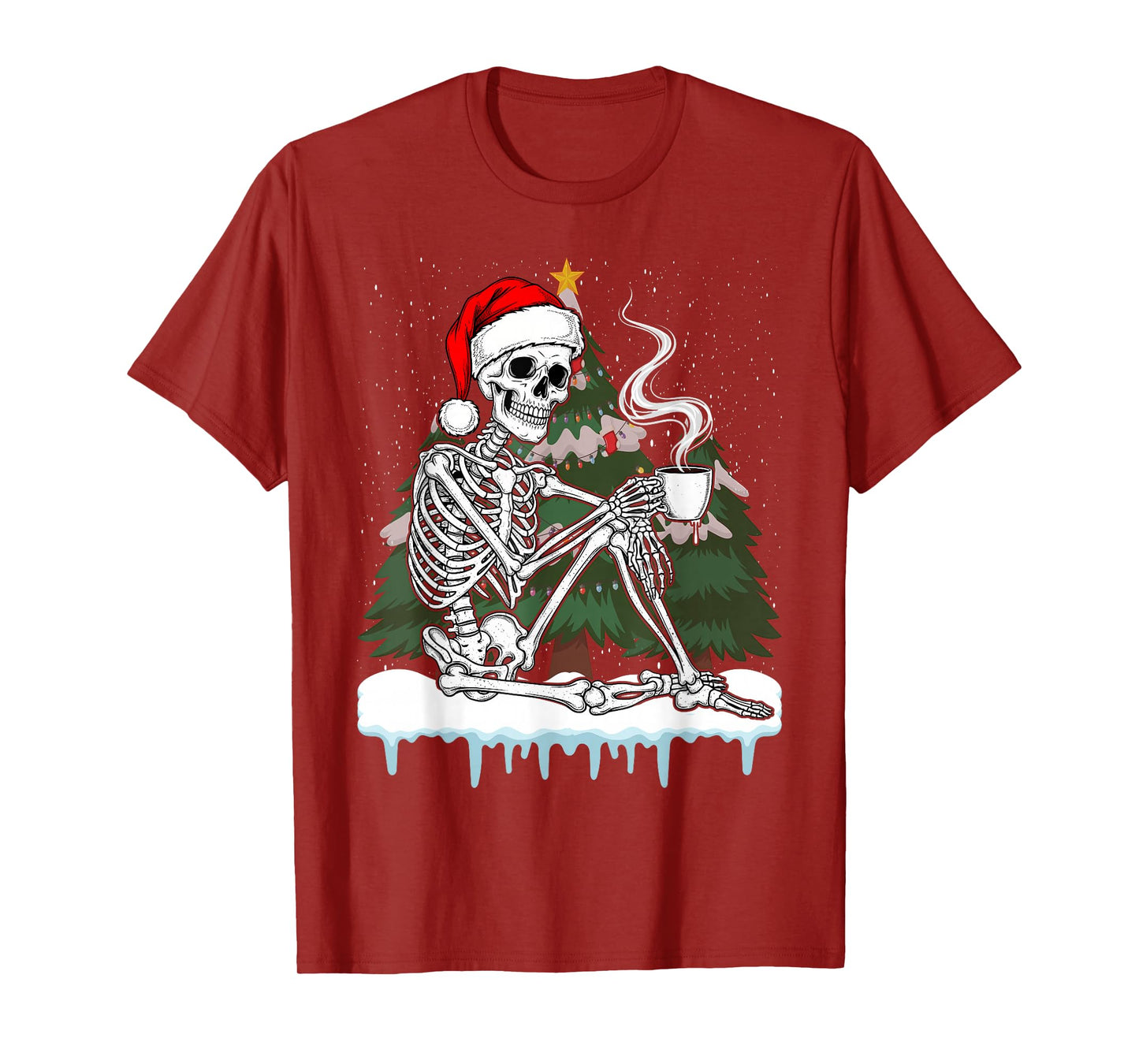 Coffee Drinking Skeleton Santa Christmas Funny X-Mas Pajama T-Shirt