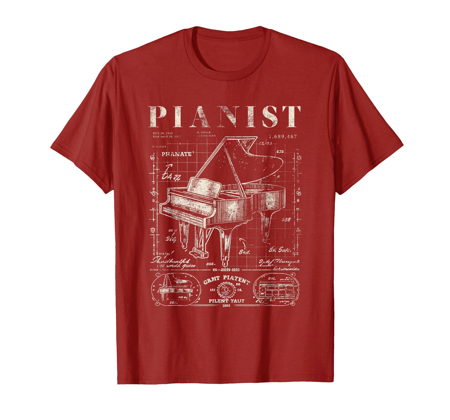 Old Grand Piano Shirt Vintage Patent Drawing Print Pianist T-Shirt