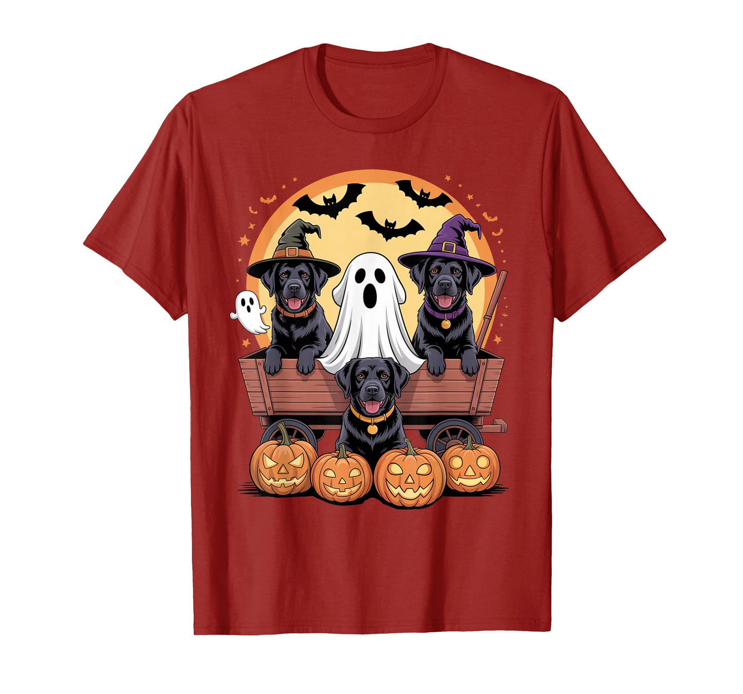Black Labrador Halloween Wagon Witch Hats Bats Pumpkins T-Shirt