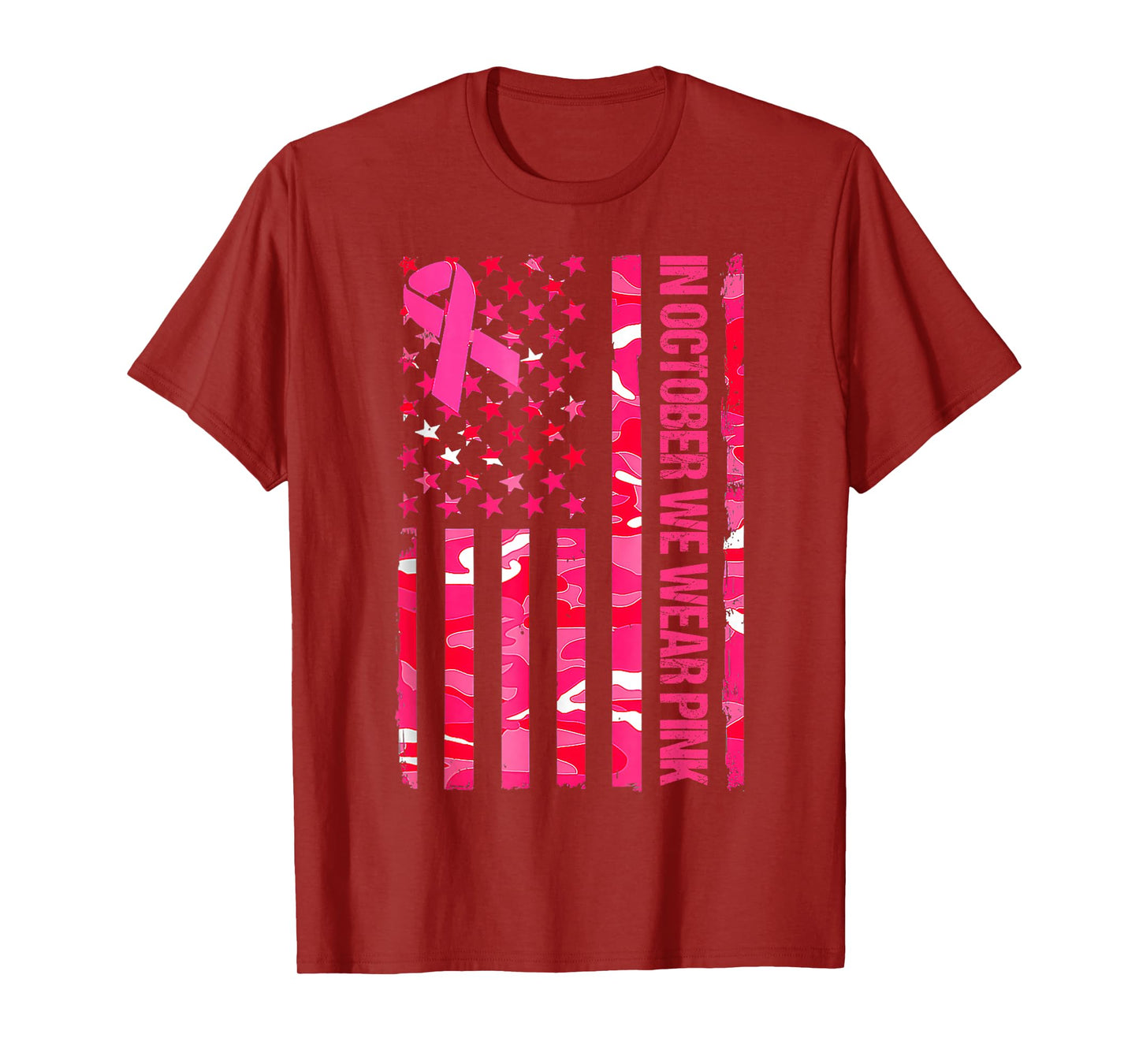 In October We Wear Pink Camo US Flag Breast Cancer Awareness T-Shirt