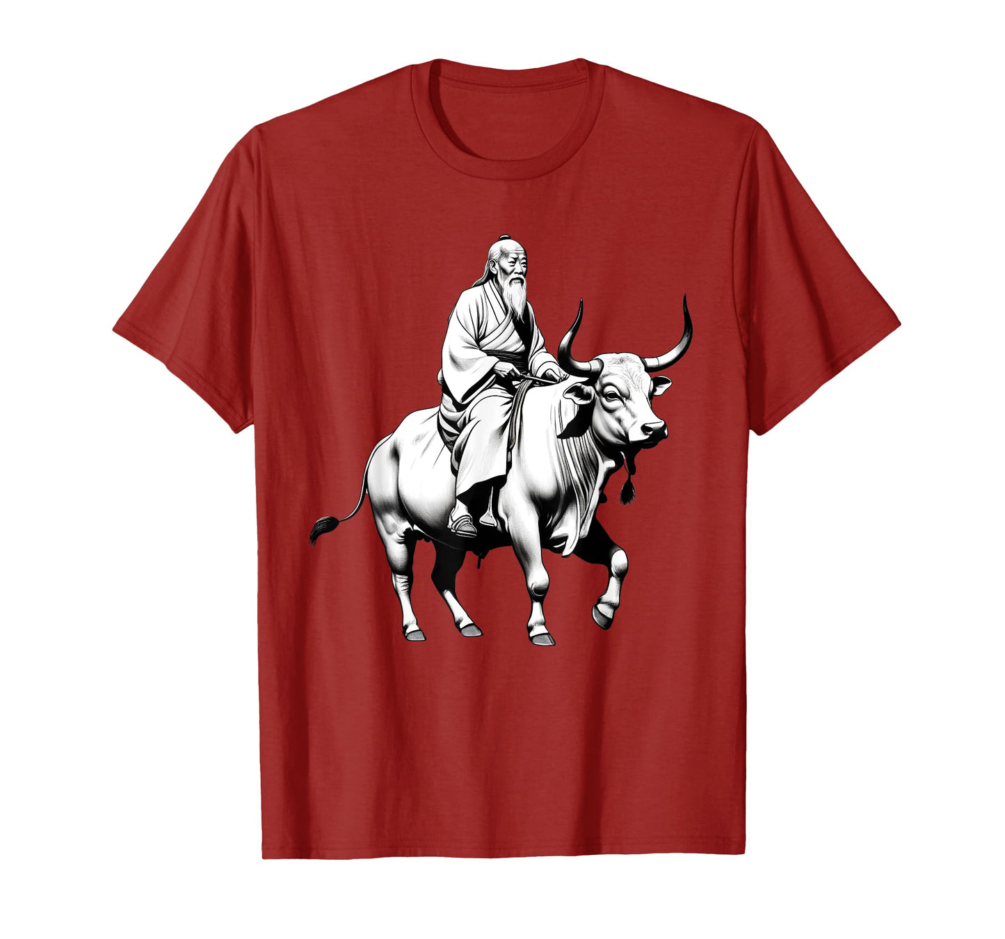 Vintage Spiritual Design Lao Tzu Riding An Ox, Tao Te Ching Unisex-Adults, Unisex-Kids Grey Short Sleeve Classic Fit Polyester T-Shirt