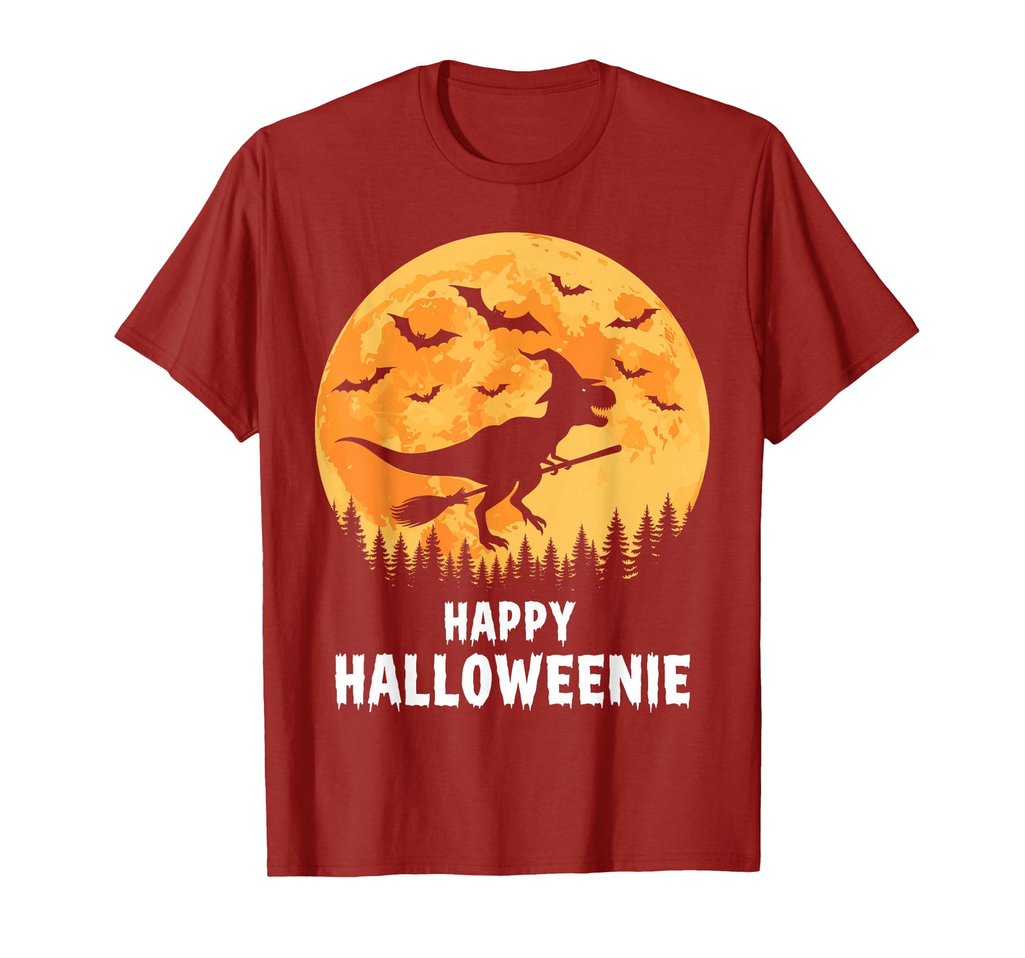 Happy Halloweenie Funny Dinosaur T Rex Flying Witch T-Shirt