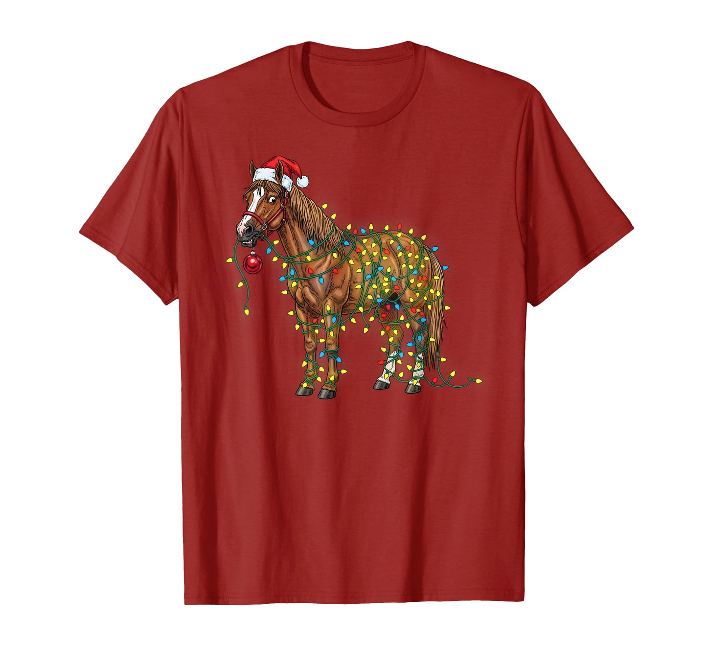 Funny Horse Tangled in Christmas Lights Wearing A Santa Hat T-Shirt