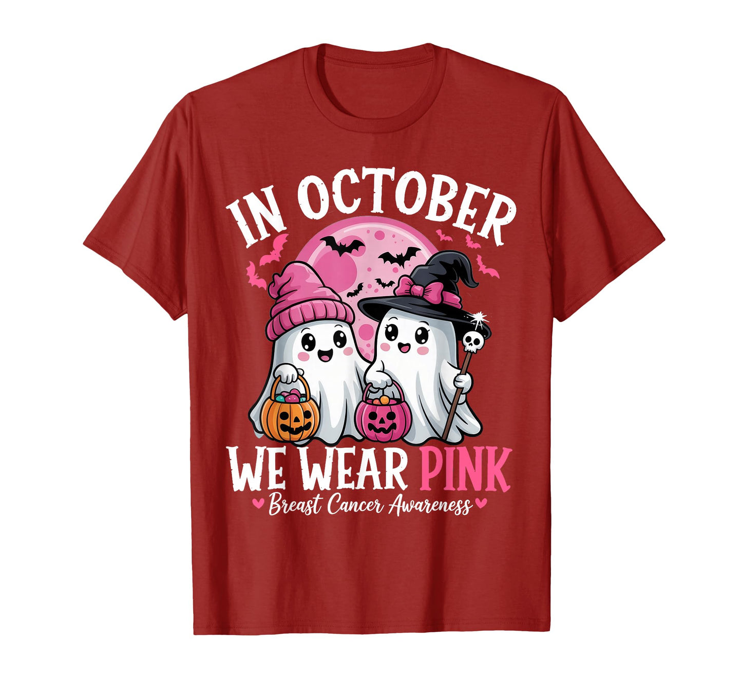 in October We Wear Pink Ghost Witch Breast Cancer Awareness T-Shirt