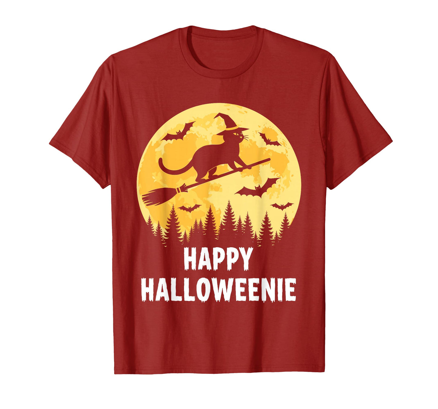 Happy Halloweenie Funny Halloween Cat Flying Witch T-Shirt