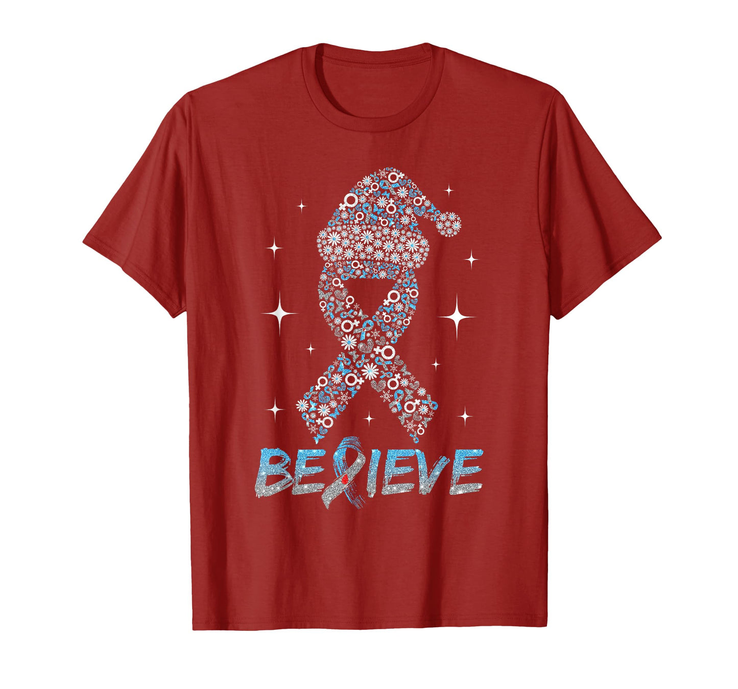 Believe Blue Gray Ribbon Santa Hat Christmas Type 1 Diabetes T-Shirt