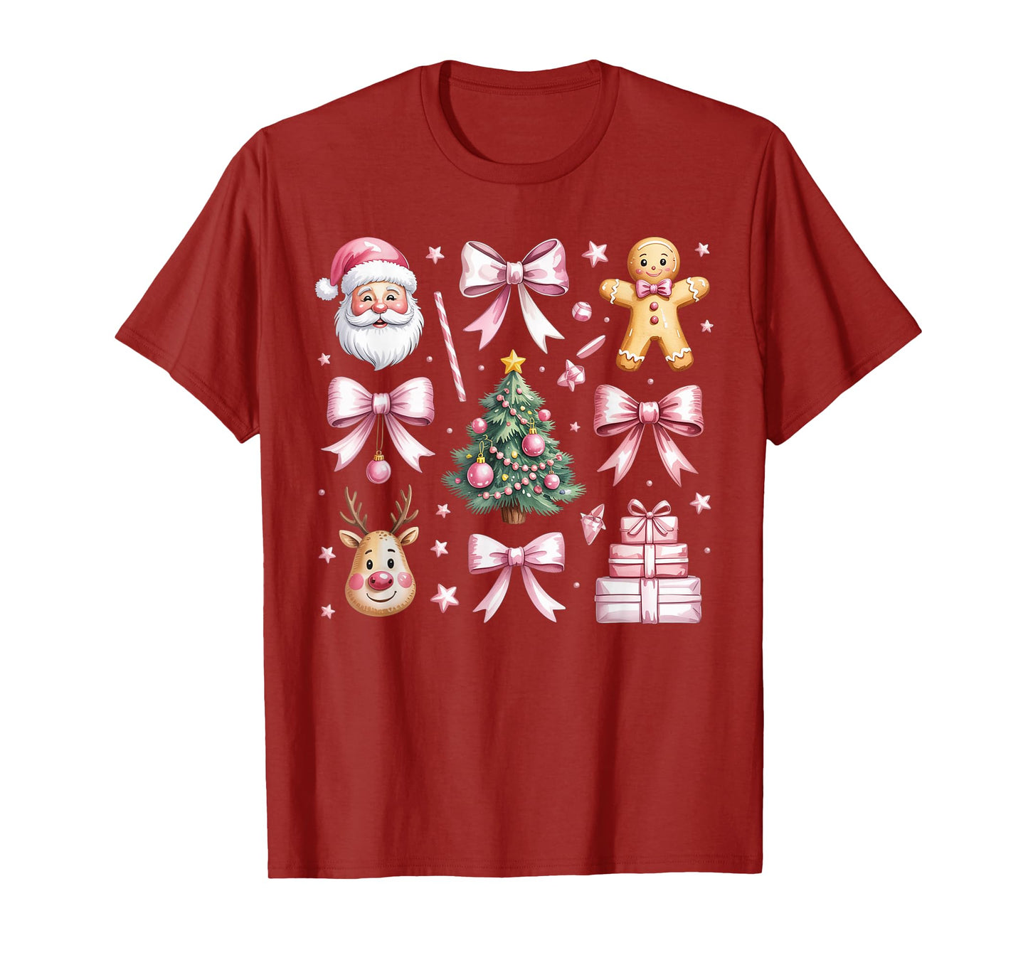 Cute Coquette Bow Pink Christmas Tree Santa Gingerbread Xmas T-Shirt