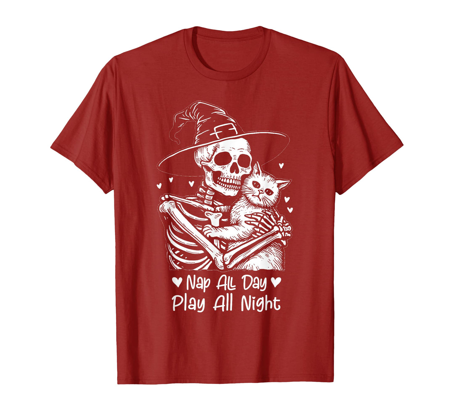 Nap All Day, Play All Night Funny Cat Halloween Skeleton T-Shirt