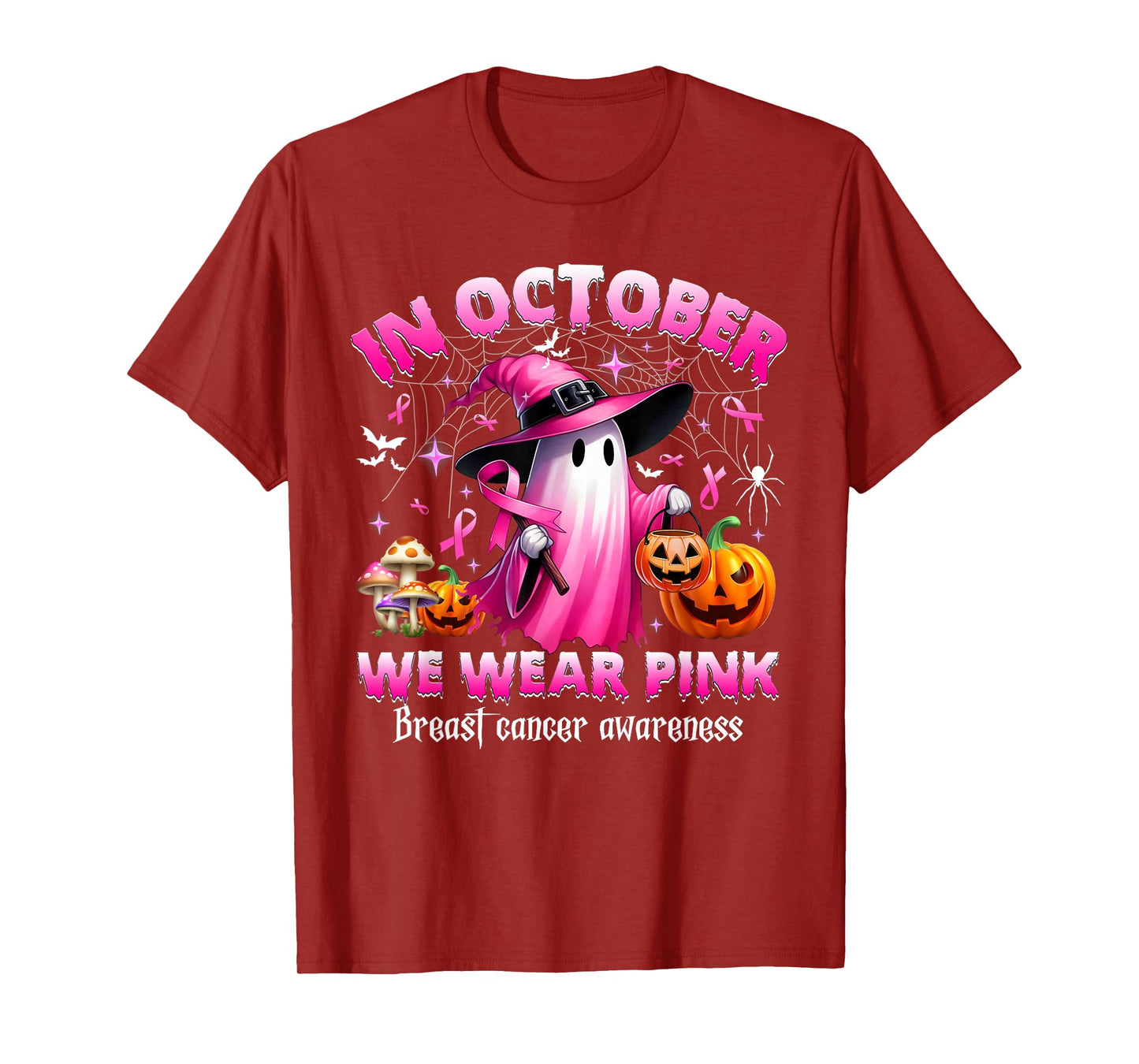 in October We Wear Pink Ghost Witch Breast Cancer Awareness T-Shirt