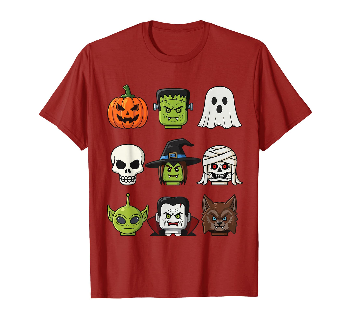 Spooky Halloween Faces Frankenstein Pumpkin Mummy Alien Wolf T-Shirt