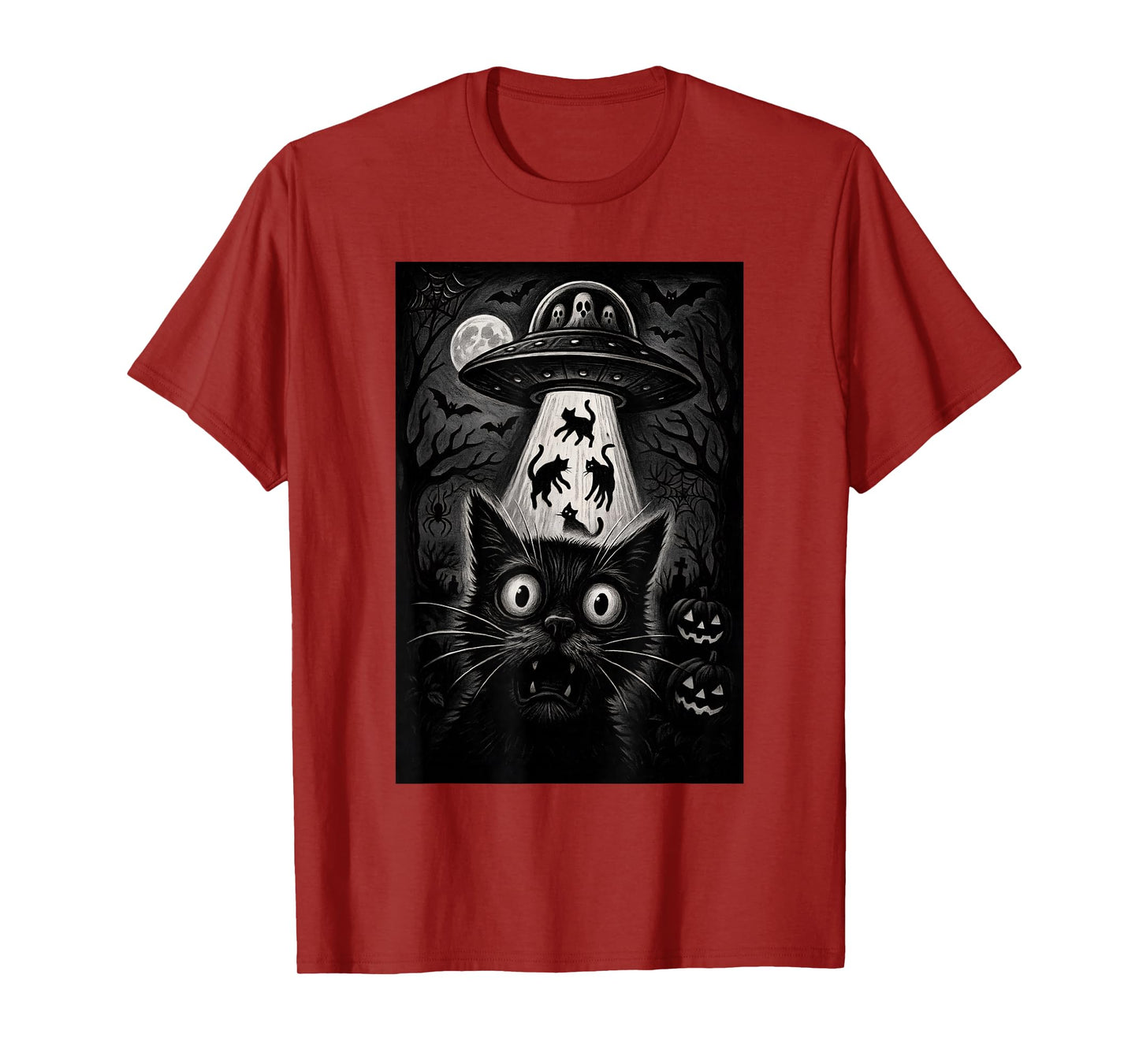 Halloween Cat Selfie Scary Alien Abduction Cats UFO Flying T-Shirt
