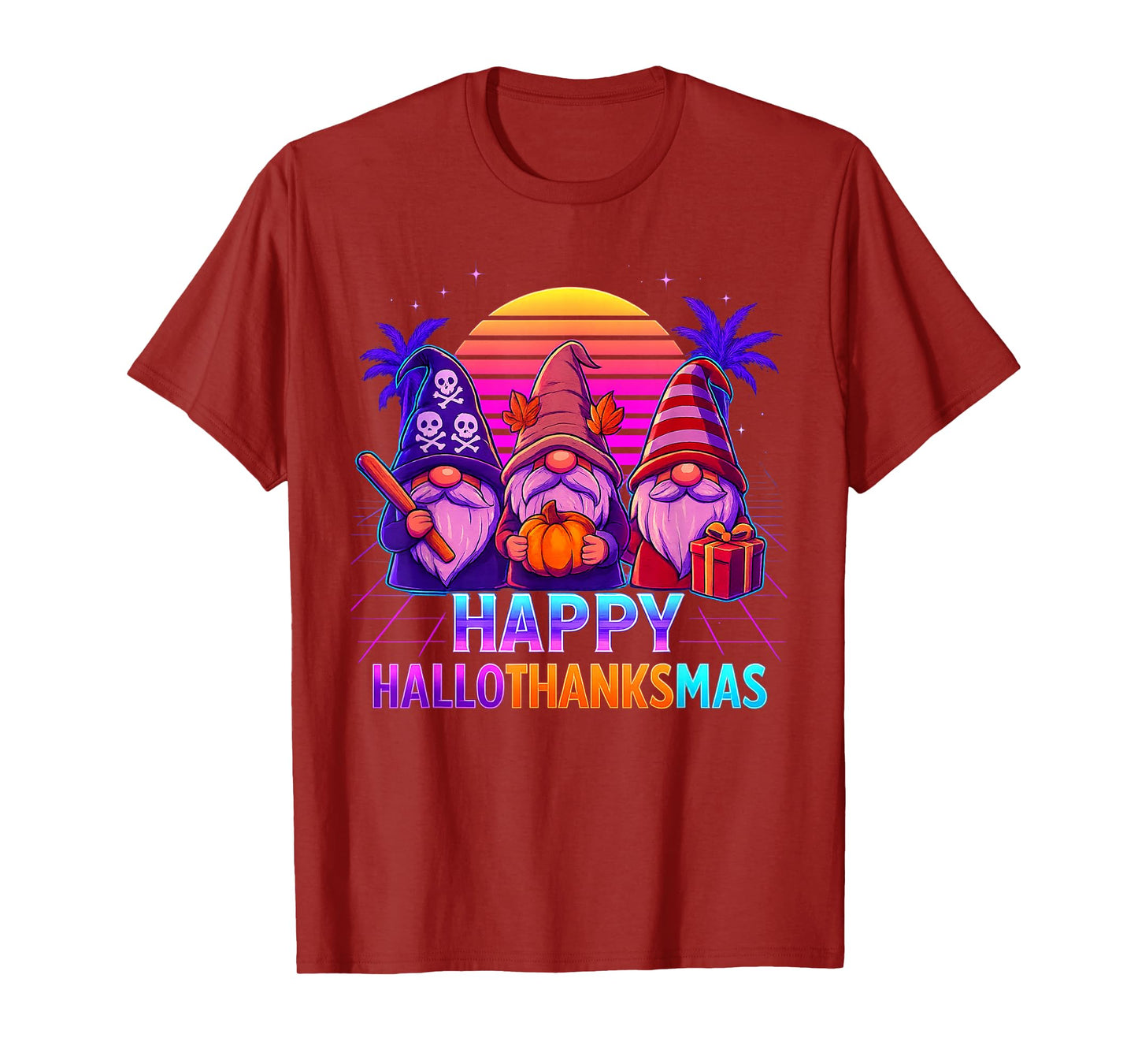 HalloThanksMas Gnomes Halloween Thanksgiving Christmas Happy T-Shirt