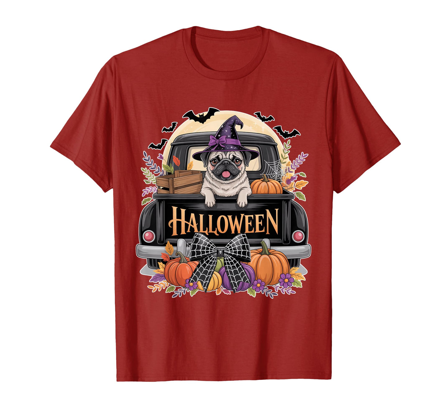 Funny Pug Witch Hat Truck Pumpkin Dog Lovers Halloween T-Shirt