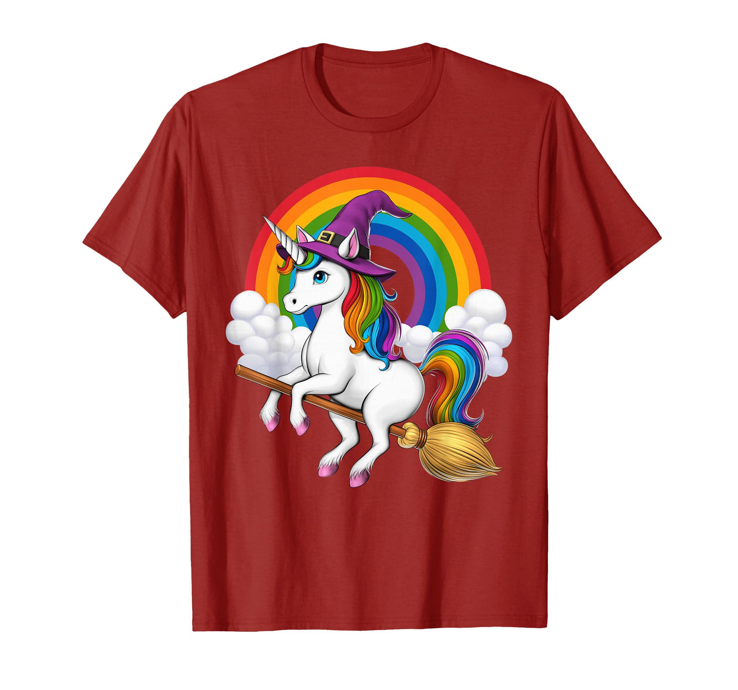 Unicorn Witch Riding Broom Halloween Wiccan Spooky Rainbow T-Shirt
