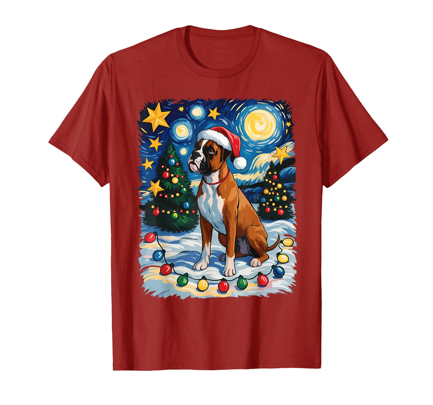 Christmas Boxer Dog Santa Hat Van Gogh Style Starry Night T-Shirt