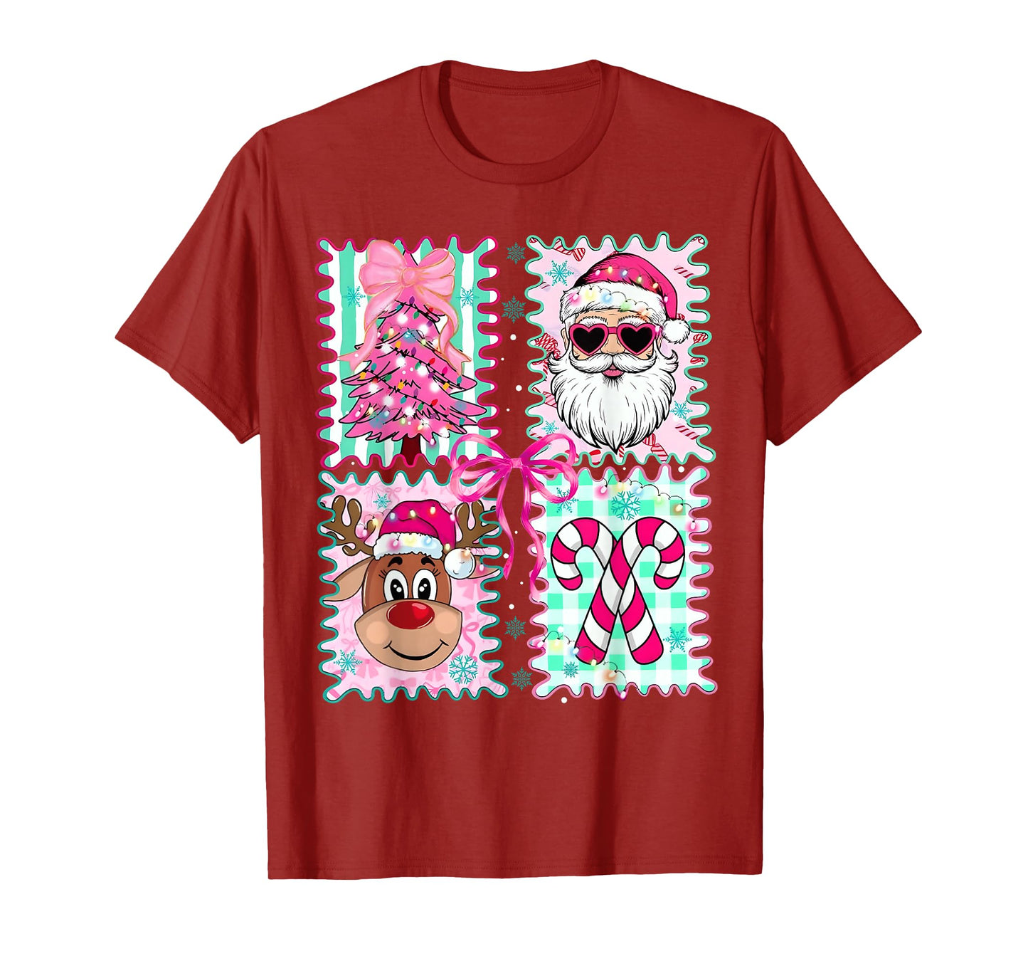 Merry Christmas Tree Santa Reindeer Candy Cane Bow Preppy T-Shirt