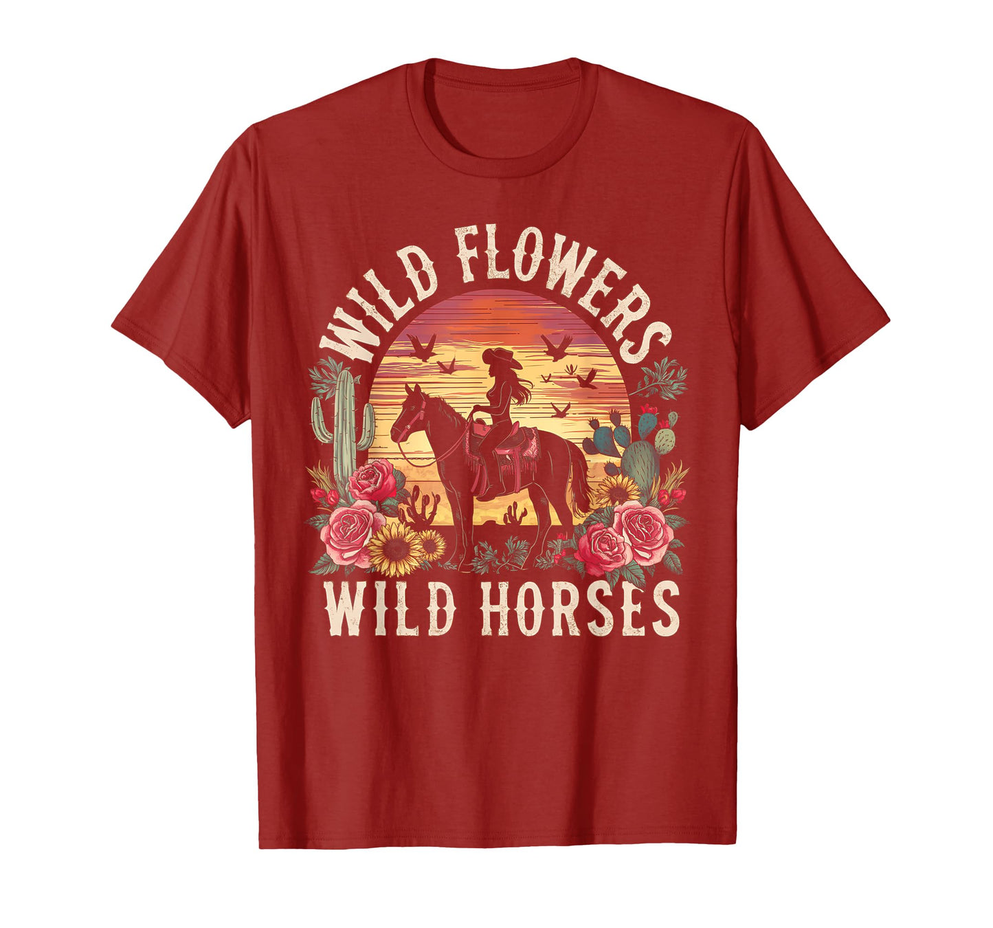 Retro Southern Sunset Cowgirl Wild Flowers Wild Horses T-Shirt