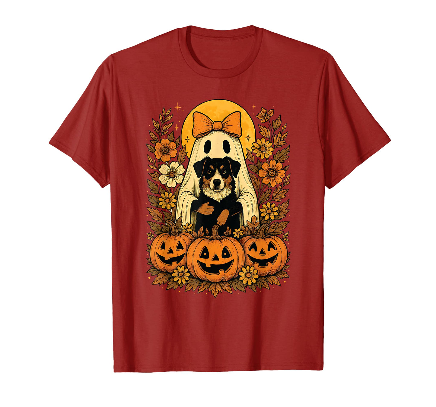 Vintage Halloween Ghost Holding Australian Shepherd Dog T-Shirt