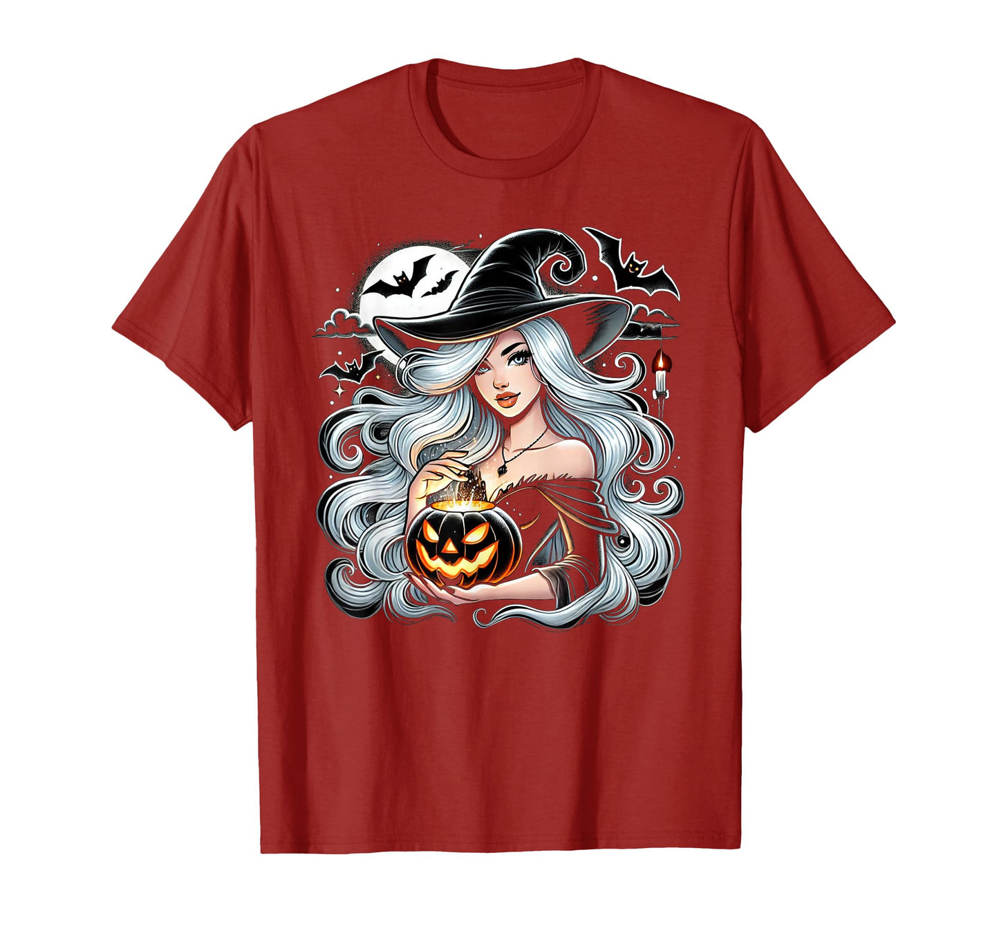 Glamour Ice White Hair Witch Jack O Lantern Halloween Design T-Shirt