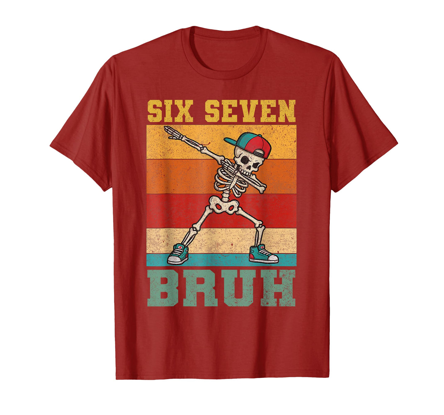 Six Seven 6 7 Bruh Skeleton Dabbing Boys Kids Vintage Meme T-Shirt