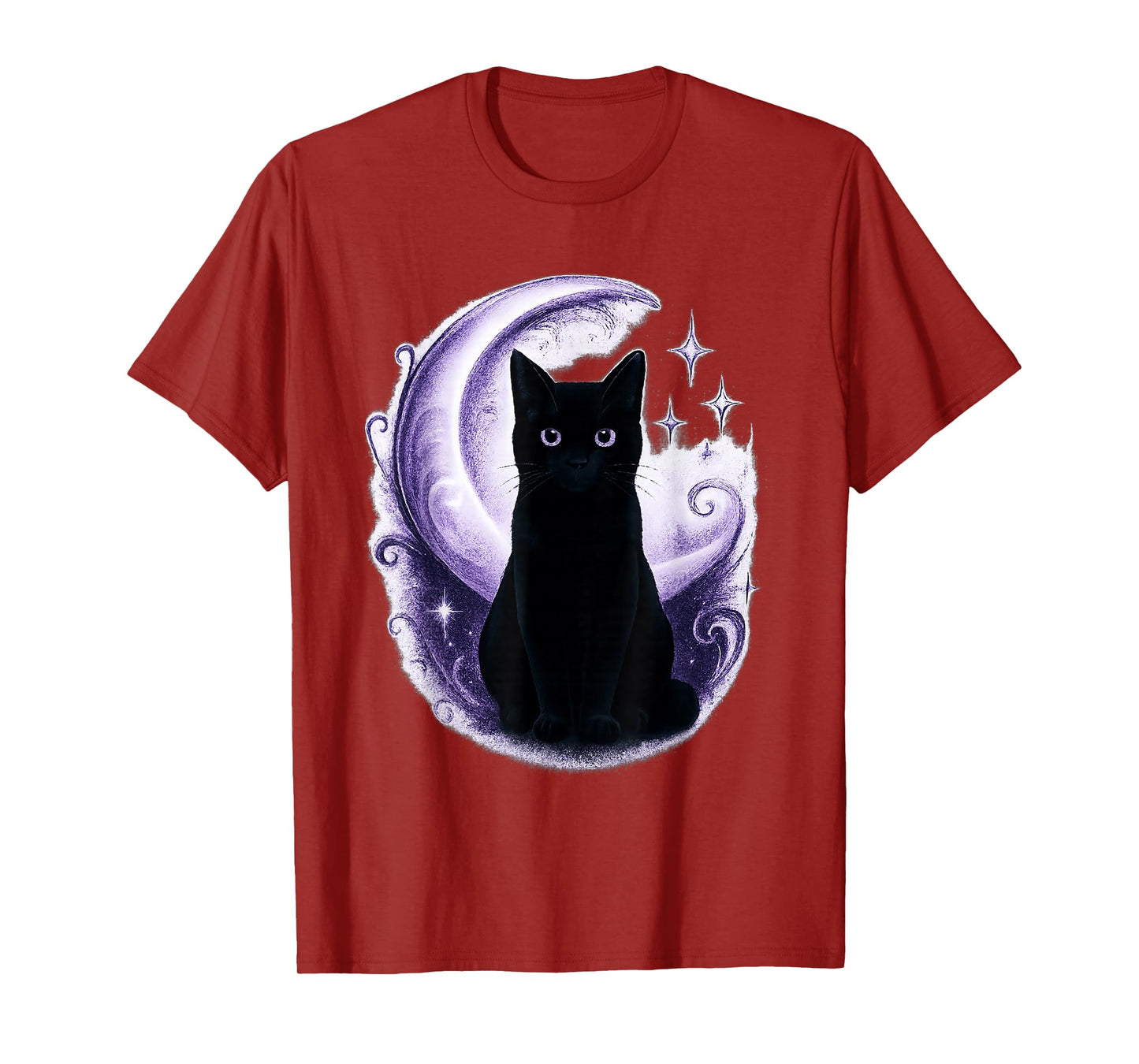 Mystical Black Cat with Crescent Moon and Stars Witchy Vibe T-Shirt