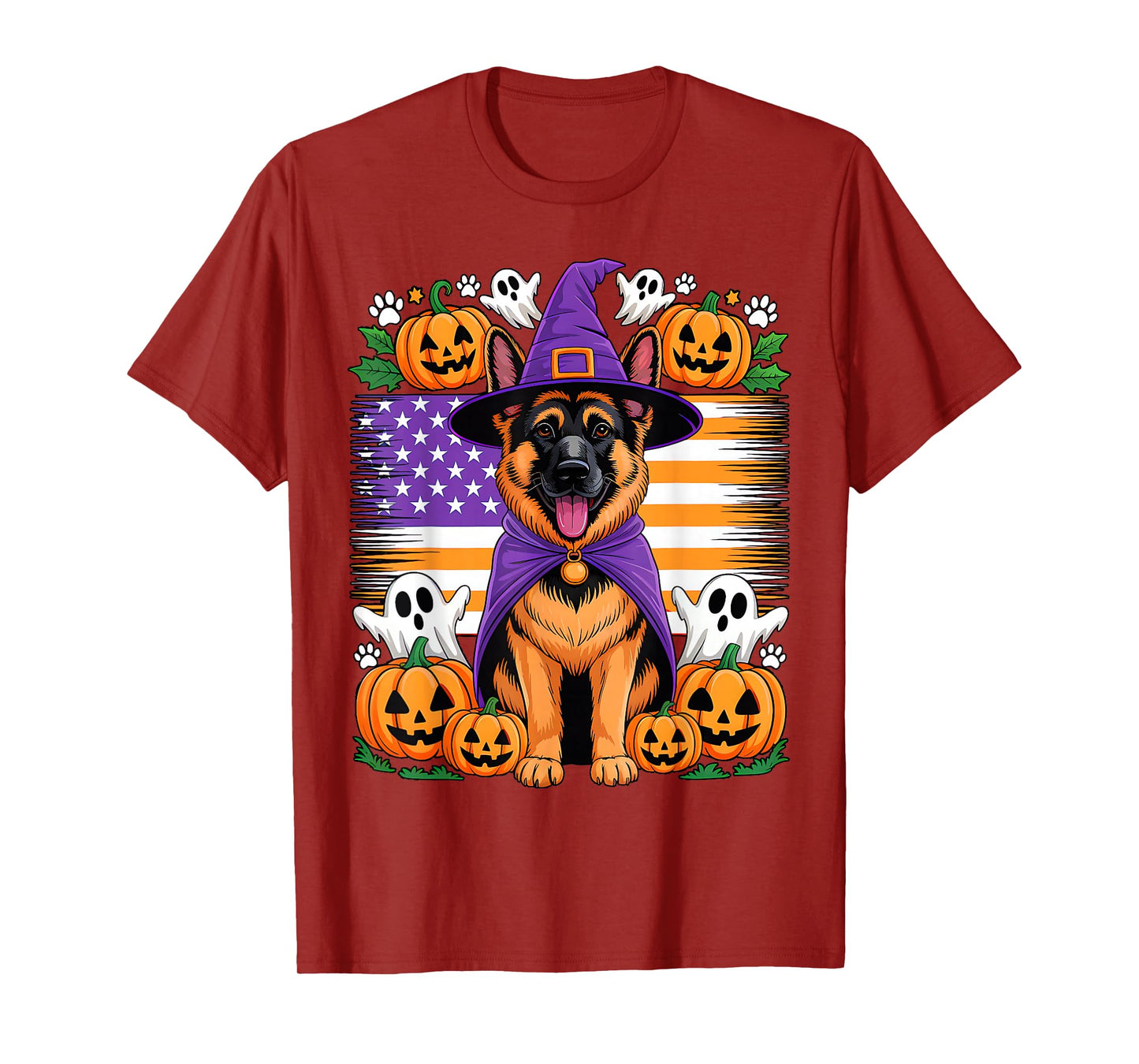 German Shepherd Cosplay Witch Halloween Owner Horror US Flag T-Shirt