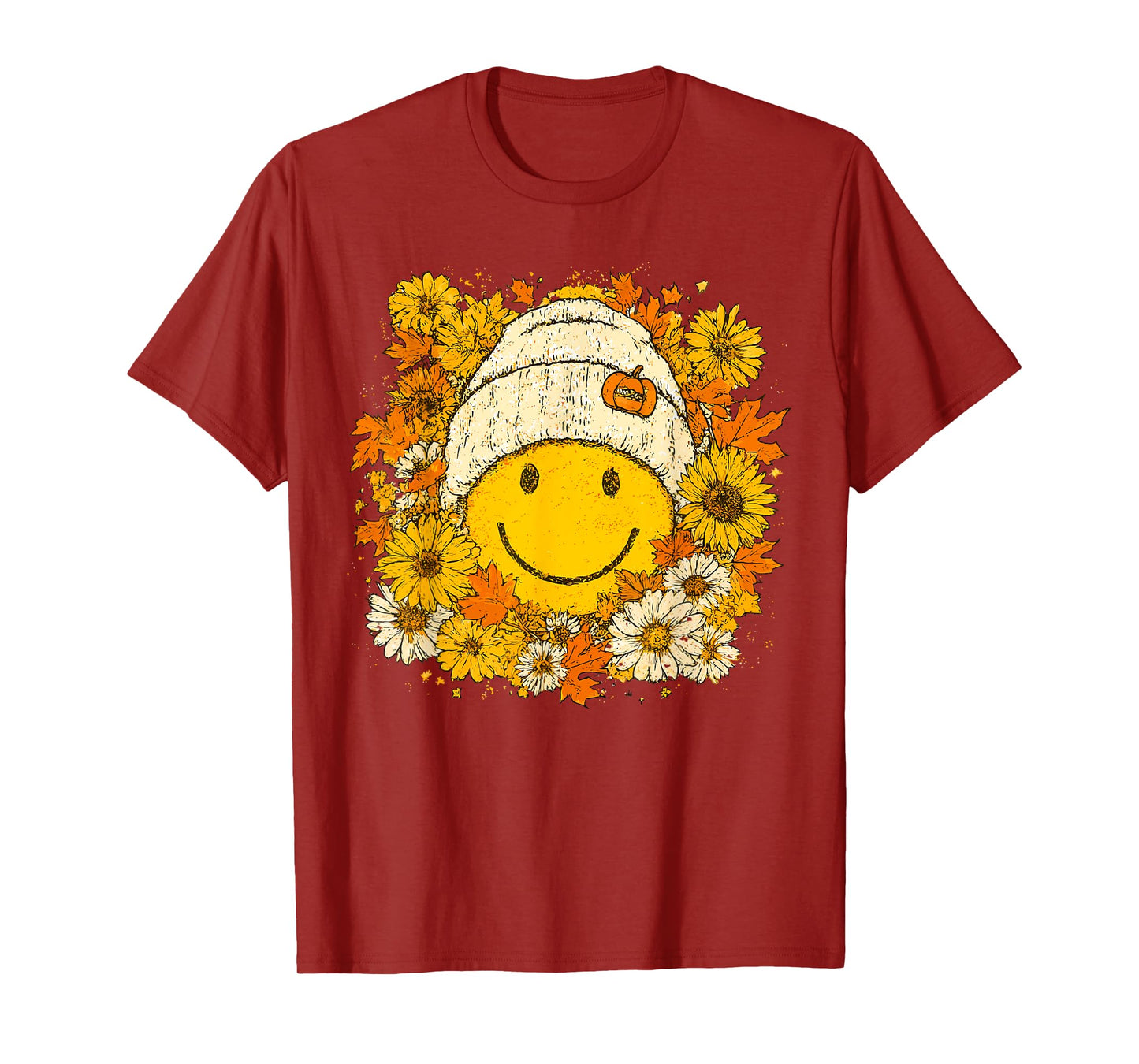 Retro Boho Fall Smile Face Floral Pumpkin Autumn Women Kids T-Shirt