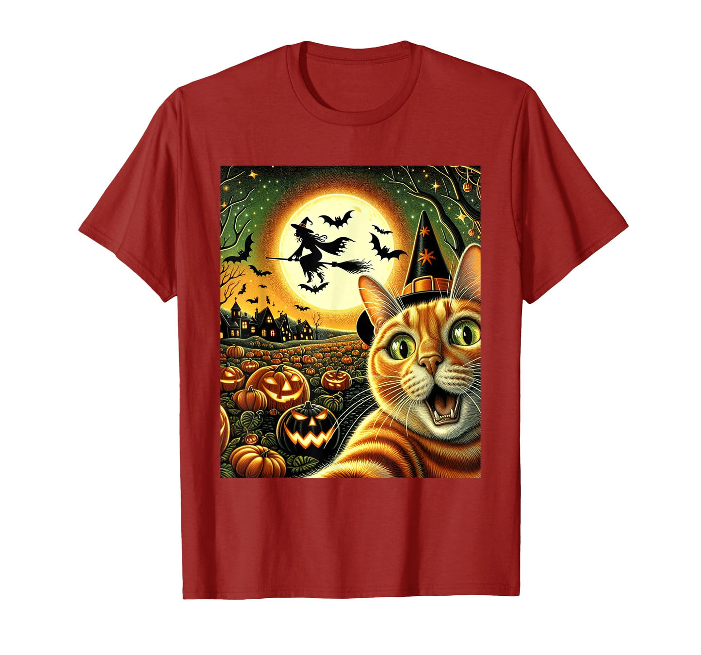 Selfie Cat Halloween Night, Pumpkins, Bats Magic T-Shirt