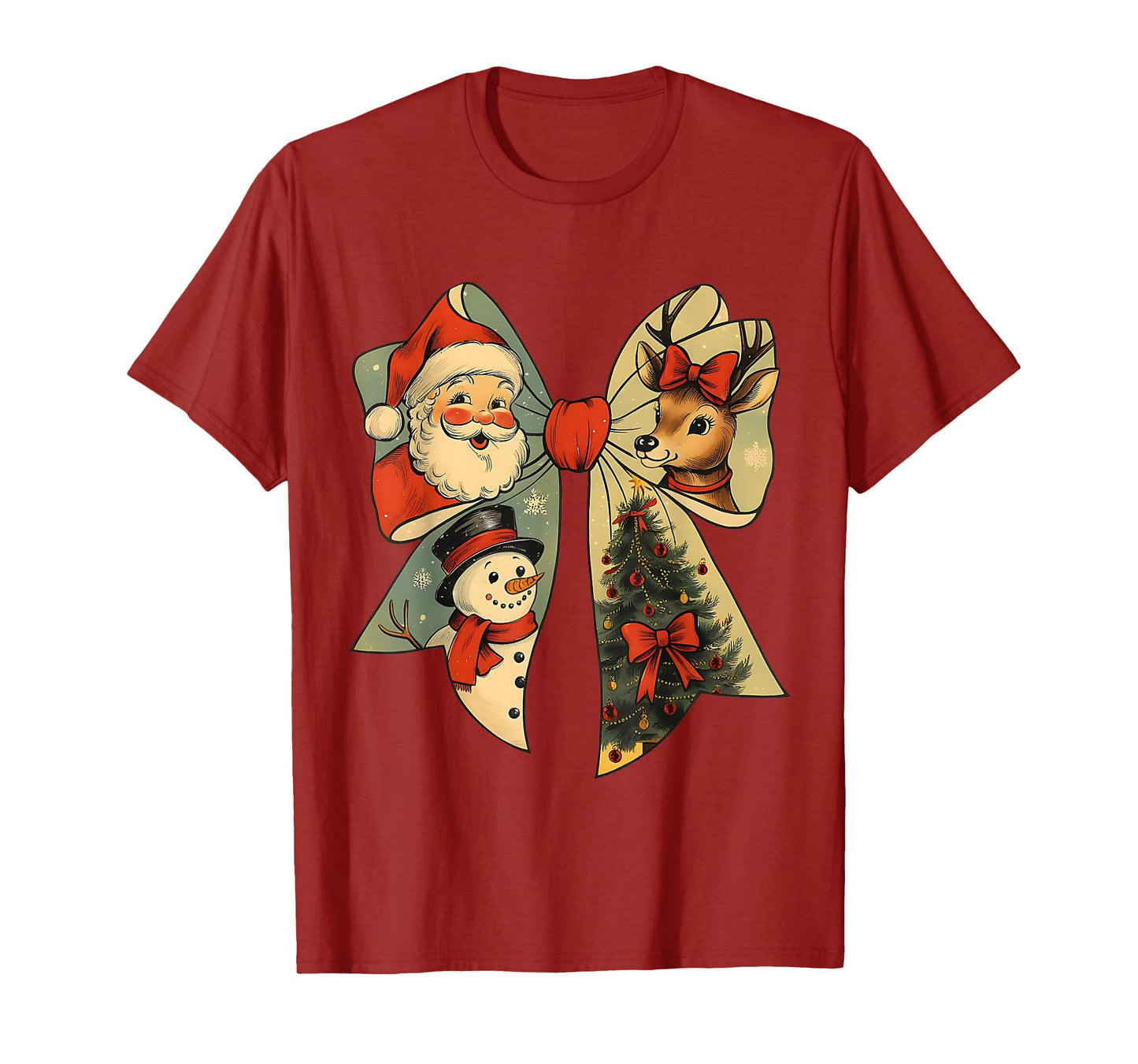 Vintage Christmas Bow Santa Reindeer Snowman Tree Tee T-Shirt