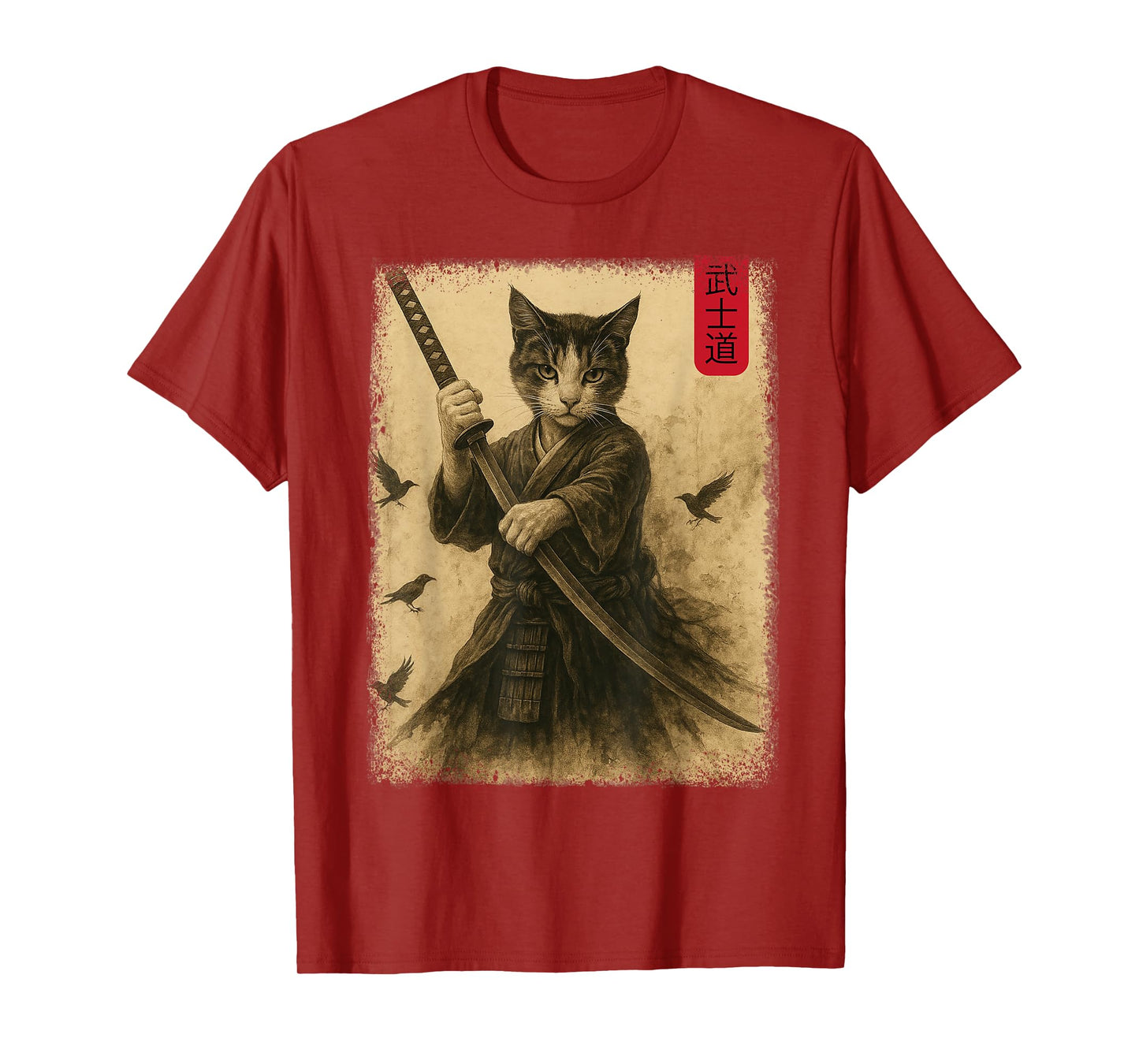 Samurai Cat Graphic Warrior Vintage Japanese Cat Anime T-Shirt for Men Women Kids