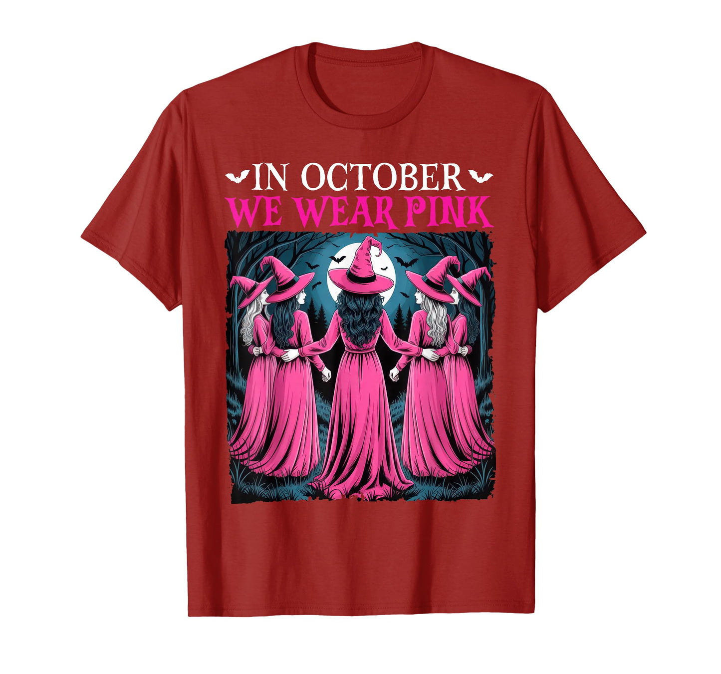 in October We Wear Pink Witch Halloween Breast Cancer Women T-Shirt